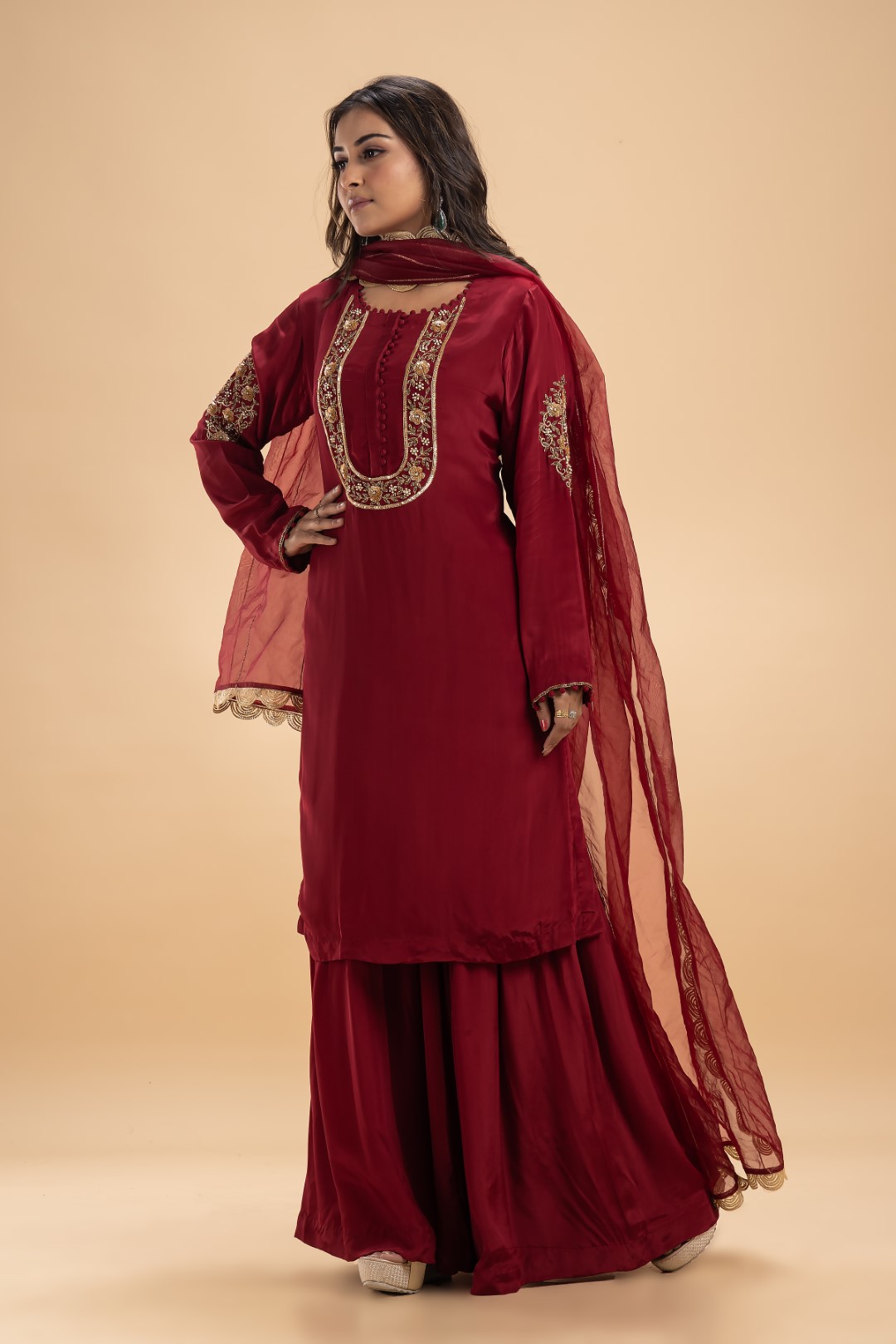 Elegant Maroon Gharara Set with Gold Embroidery and Gotta Detailing