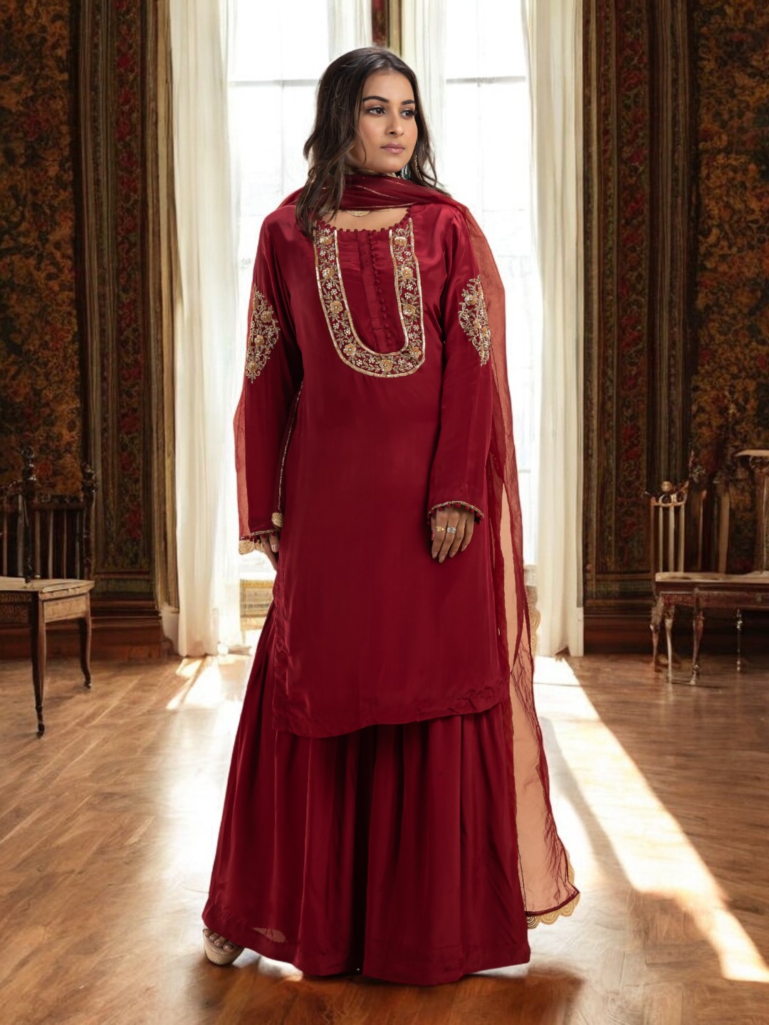 Elegant Maroon Gharara Set with Gold Embroidery and Gotta Detailing