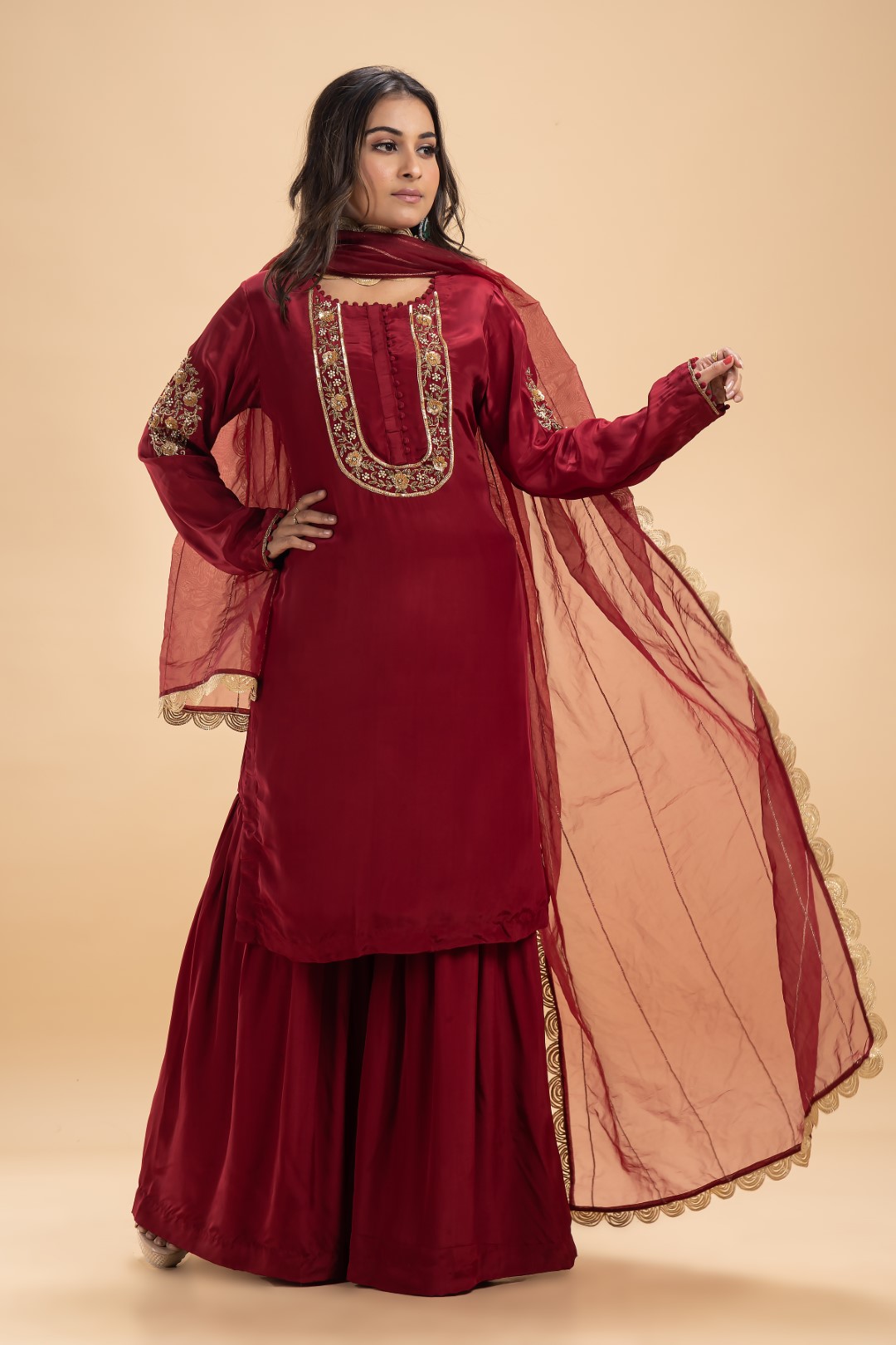 Elegant Maroon Gharara Set with Gold Embroidery and Gotta Detailing