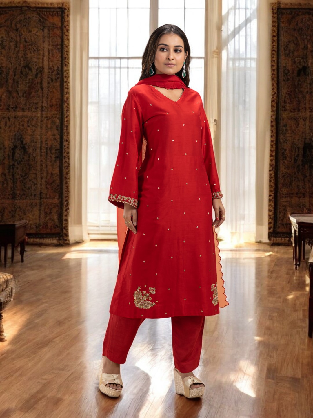 Red Silk Kurta Set with Gold Zari & Zardosi Embroidery