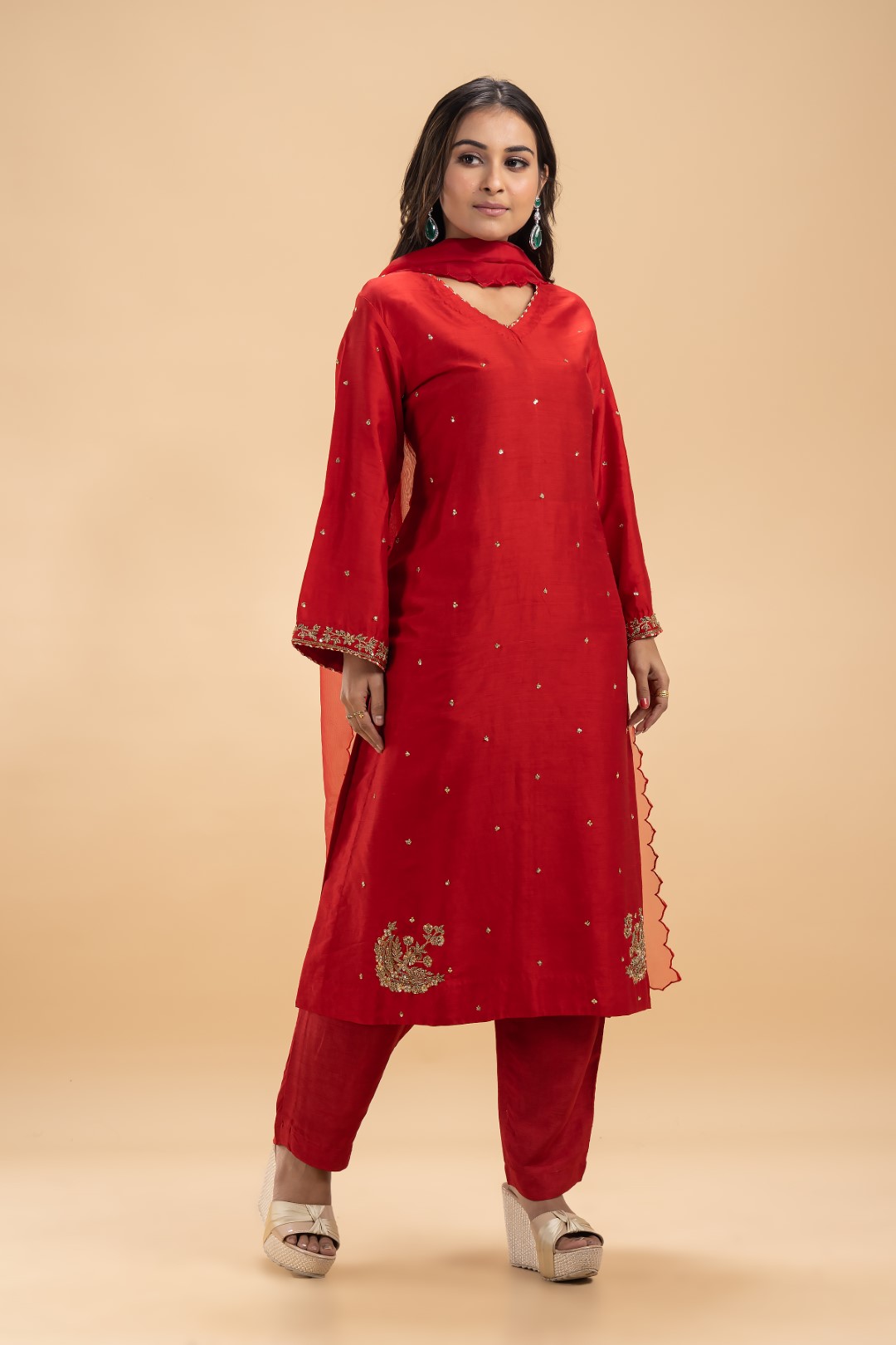 Red Silk Kurta Set with Gold Zari & Zardosi Embroidery