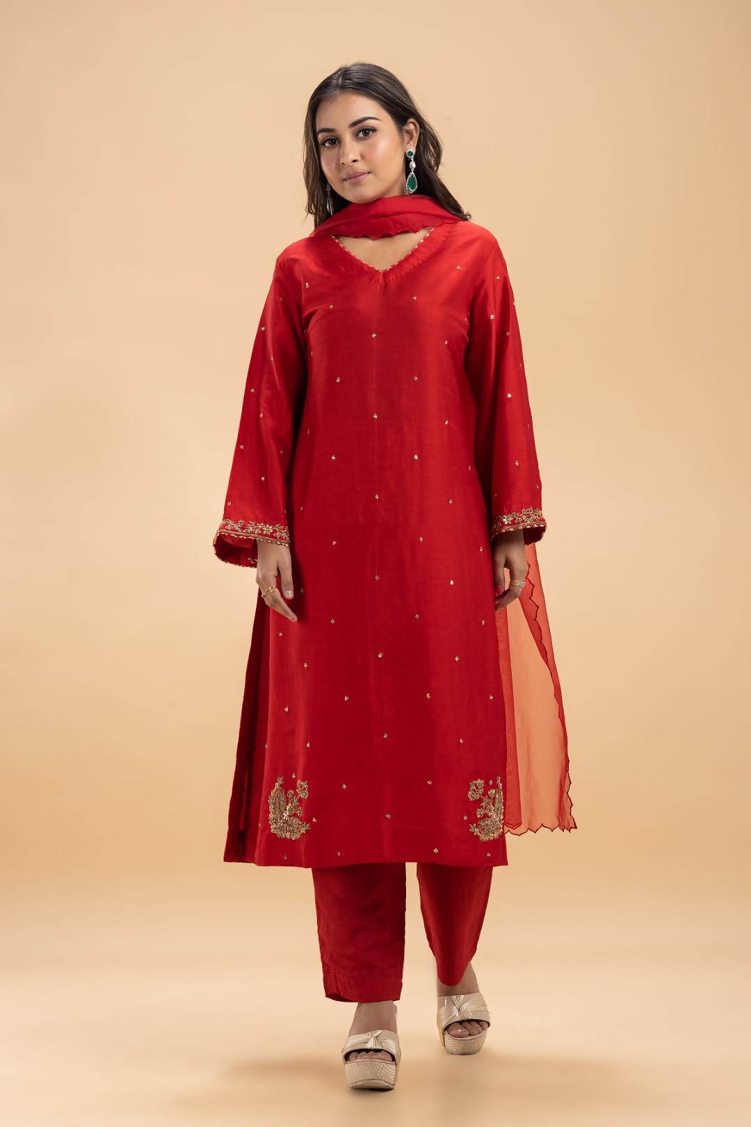 Red Silk Kurta Set with Gold Zari & Zardosi Embroidery