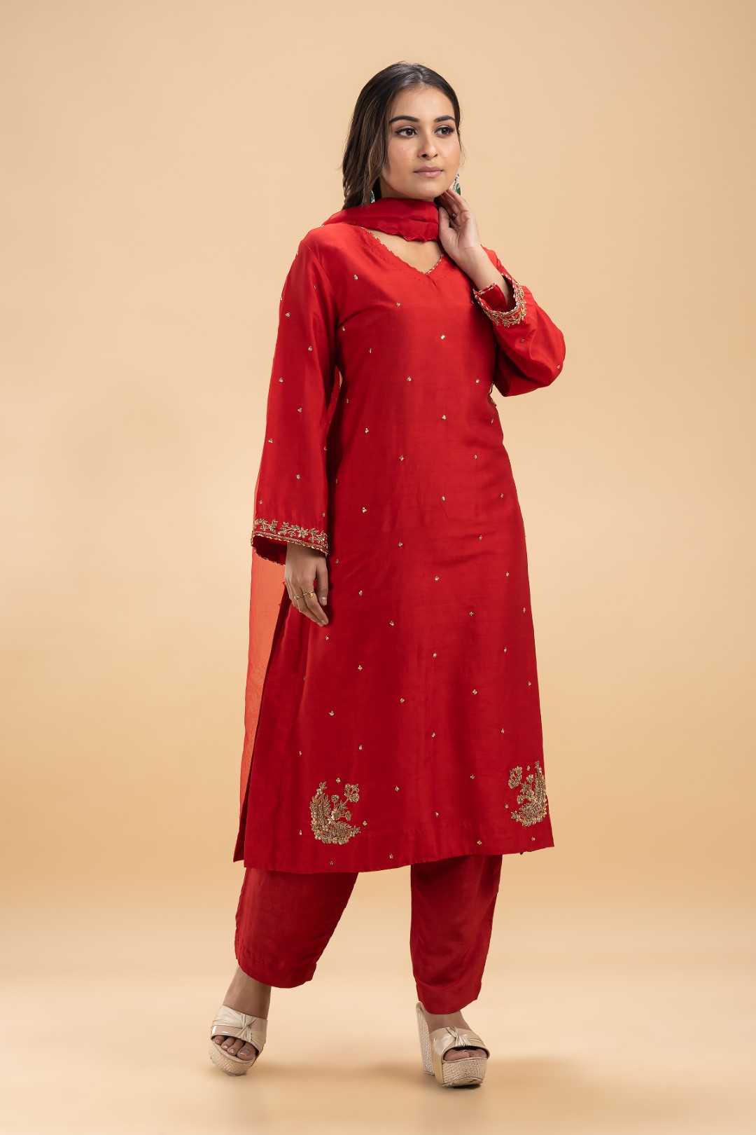 Red Silk Kurta Set with Gold Zari & Zardosi Embroidery