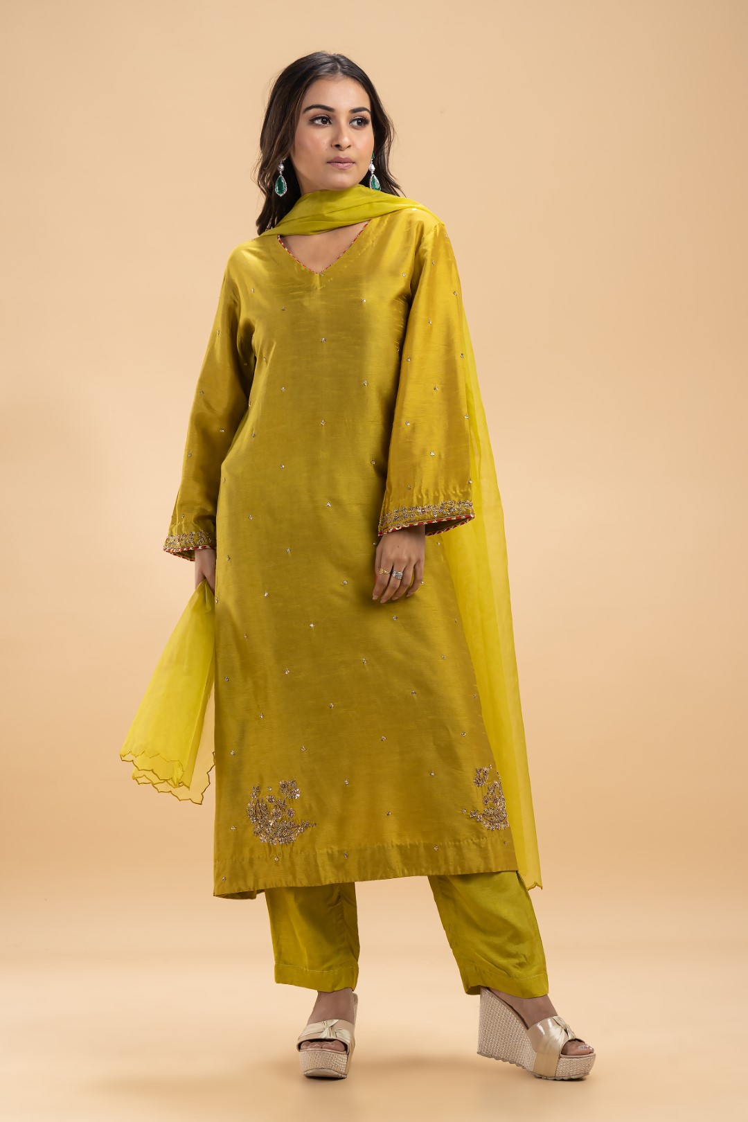 Neon Green Silk Kurta Set with Gold Zari & Zardosi Embroidery