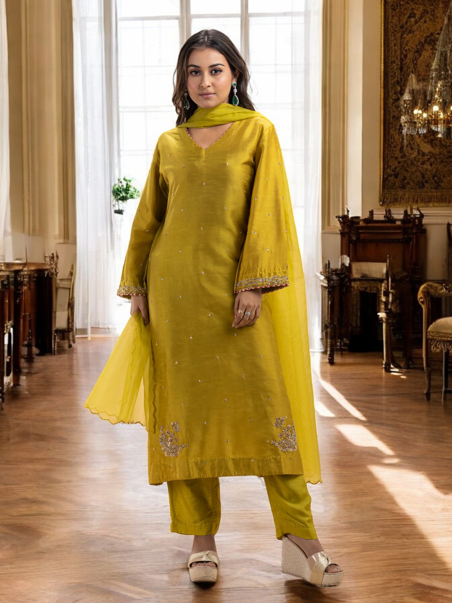 Neon Green Silk Kurta Set with Gold Zari & Zardosi Embroidery