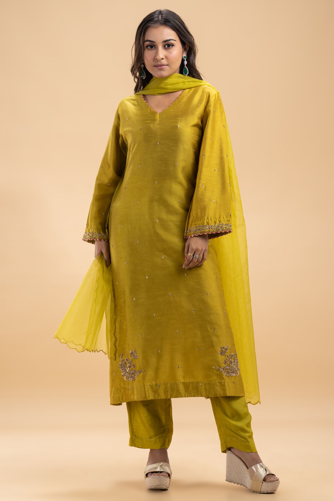 Neon Green Silk Kurta Set with Gold Zari & Zardosi Embroidery