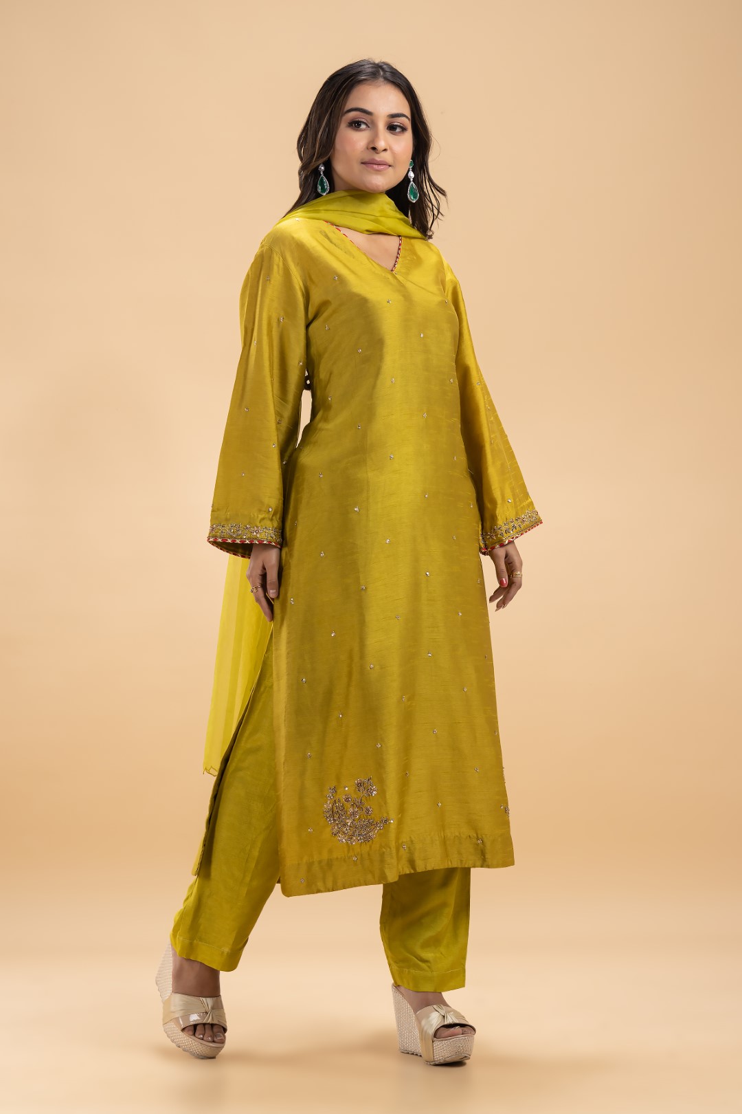 Neon Green Silk Kurta Set with Gold Zari & Zardosi Embroidery