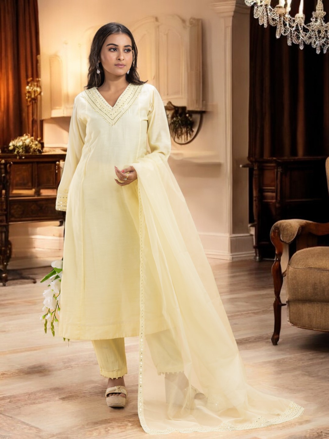 Lime Yellow Kurta Set with Lace Detailing, Sheer Dupatta, and Detailed Pants