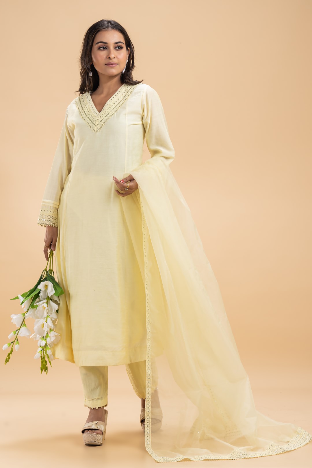 Lime Yellow Kurta Set with Lace Detailing, Sheer Dupatta, and Detailed Pants