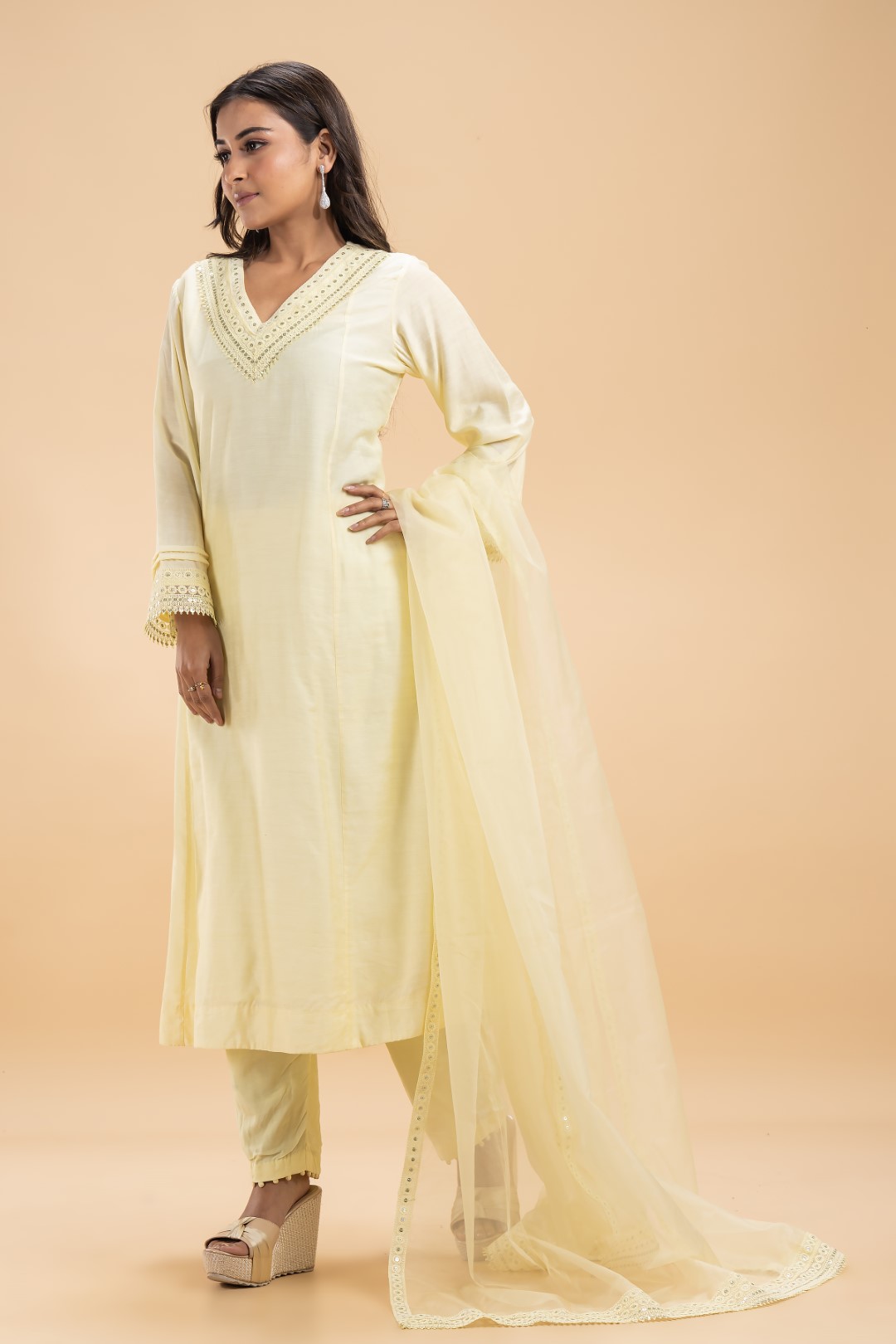 Lime Yellow Kurta Set with Lace Detailing, Sheer Dupatta, and Detailed Pants