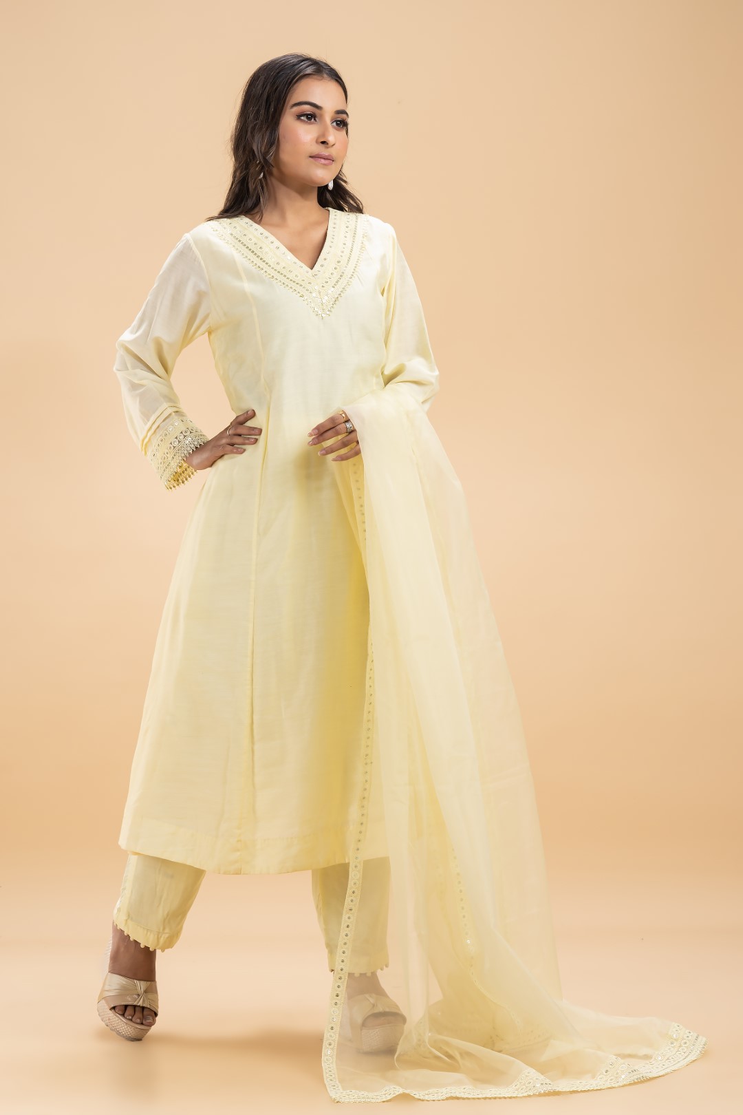 Lime Yellow Kurta Set with Lace Detailing, Sheer Dupatta, and Detailed Pants