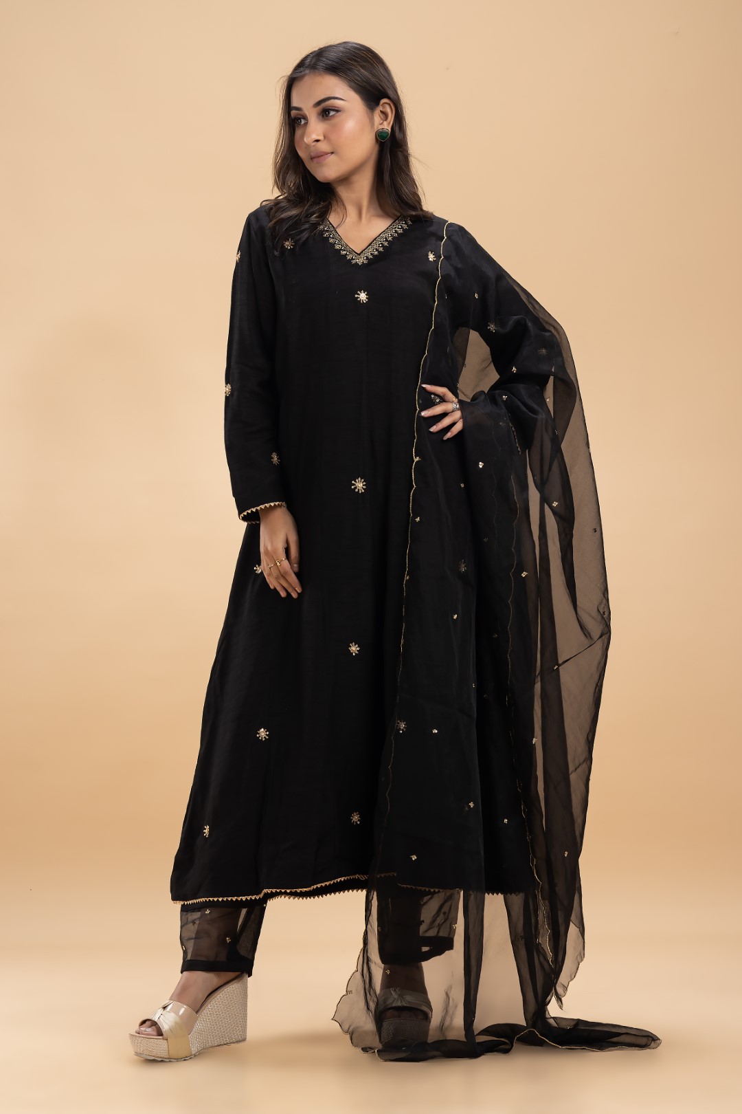 Classic Black Kurta Set with Gold Zardosi Embroidery, Sheer Trim Pants, and Matching Organza Dupatta