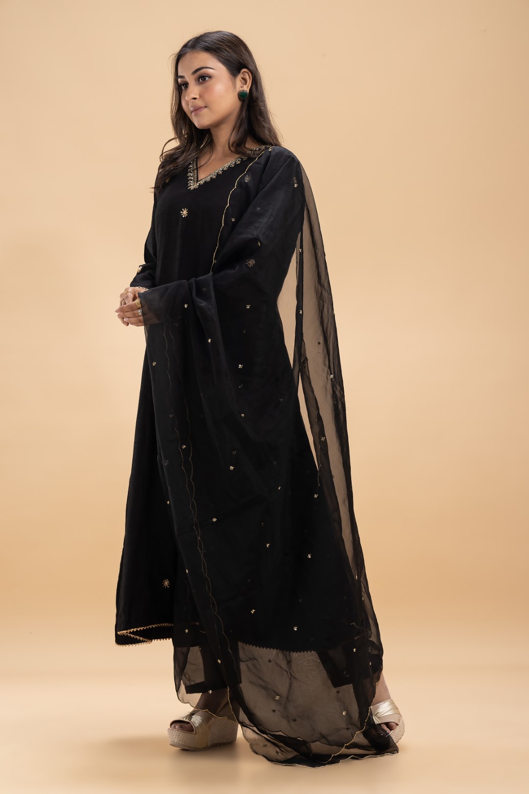 Classic Black Kurta Set with Gold Zardosi Embroidery, Sheer Trim Pants, and Matching Organza Dupatta