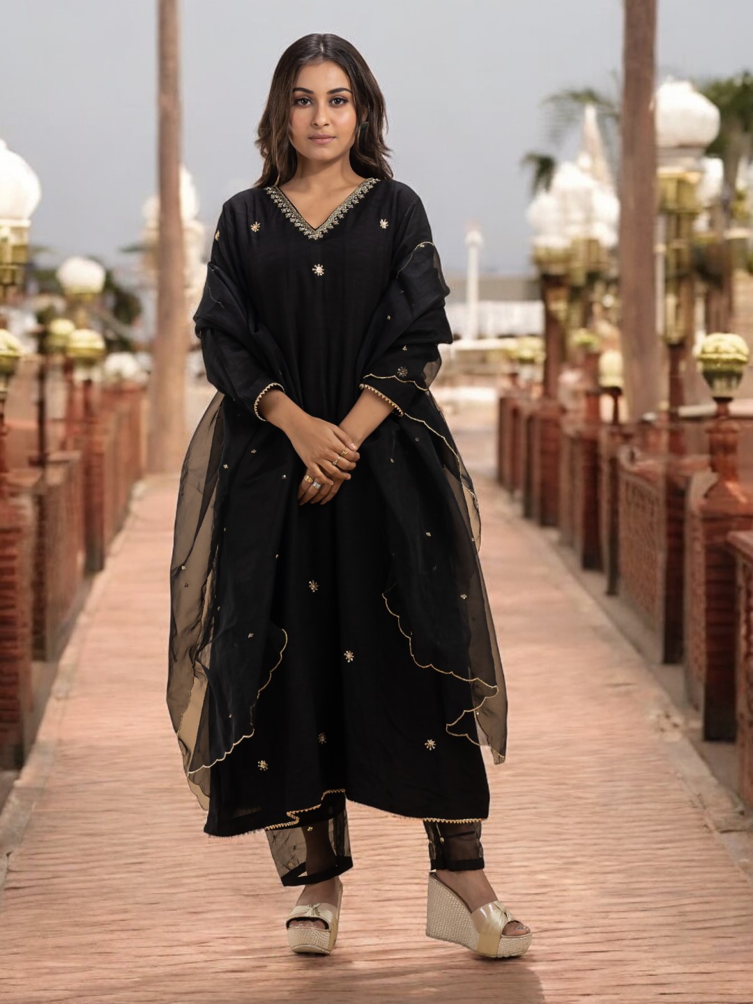 Classic Black Kurta Set with Gold Zardosi Embroidery, Sheer Trim Pants, and Matching Organza Dupatta