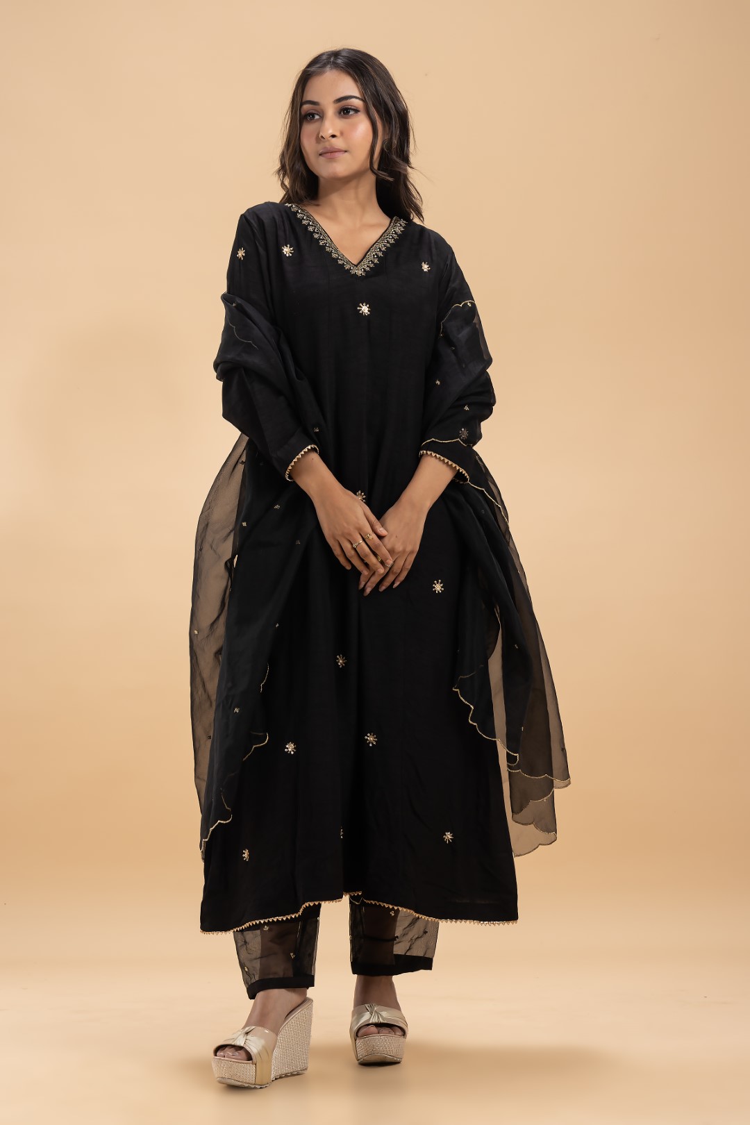 Classic Black Kurta Set with Gold Zardosi Embroidery, Sheer Trim Pants, and Matching Organza Dupatta