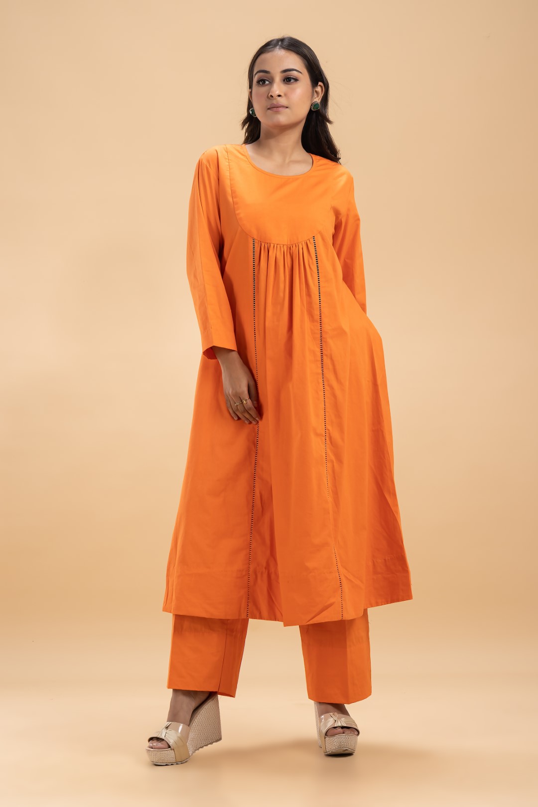 Chic Vibrant Orange Cotton Co-ord Set with Lace Detailing