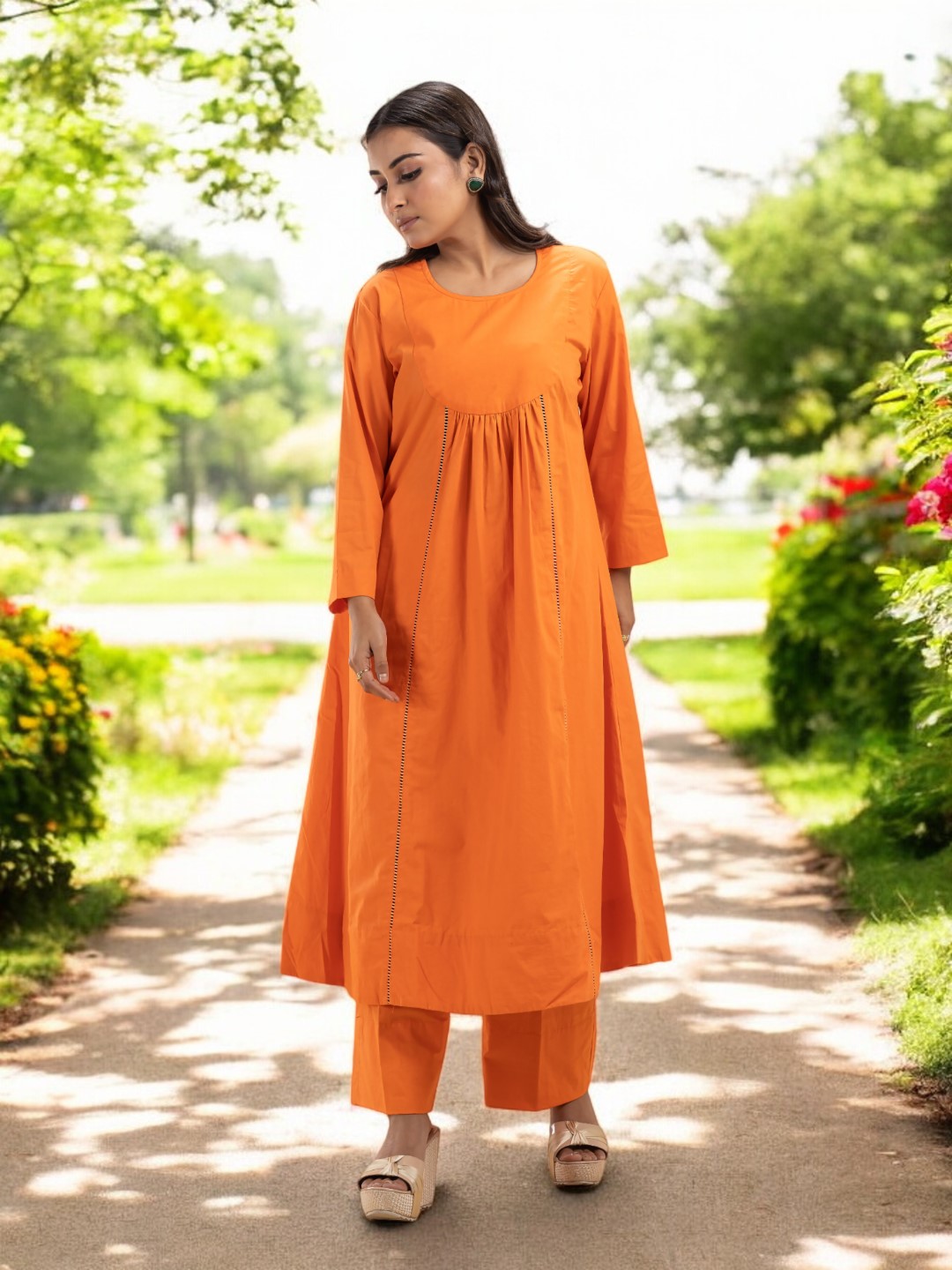 Chic Vibrant Orange Cotton Co-ord Set with Lace Detailing