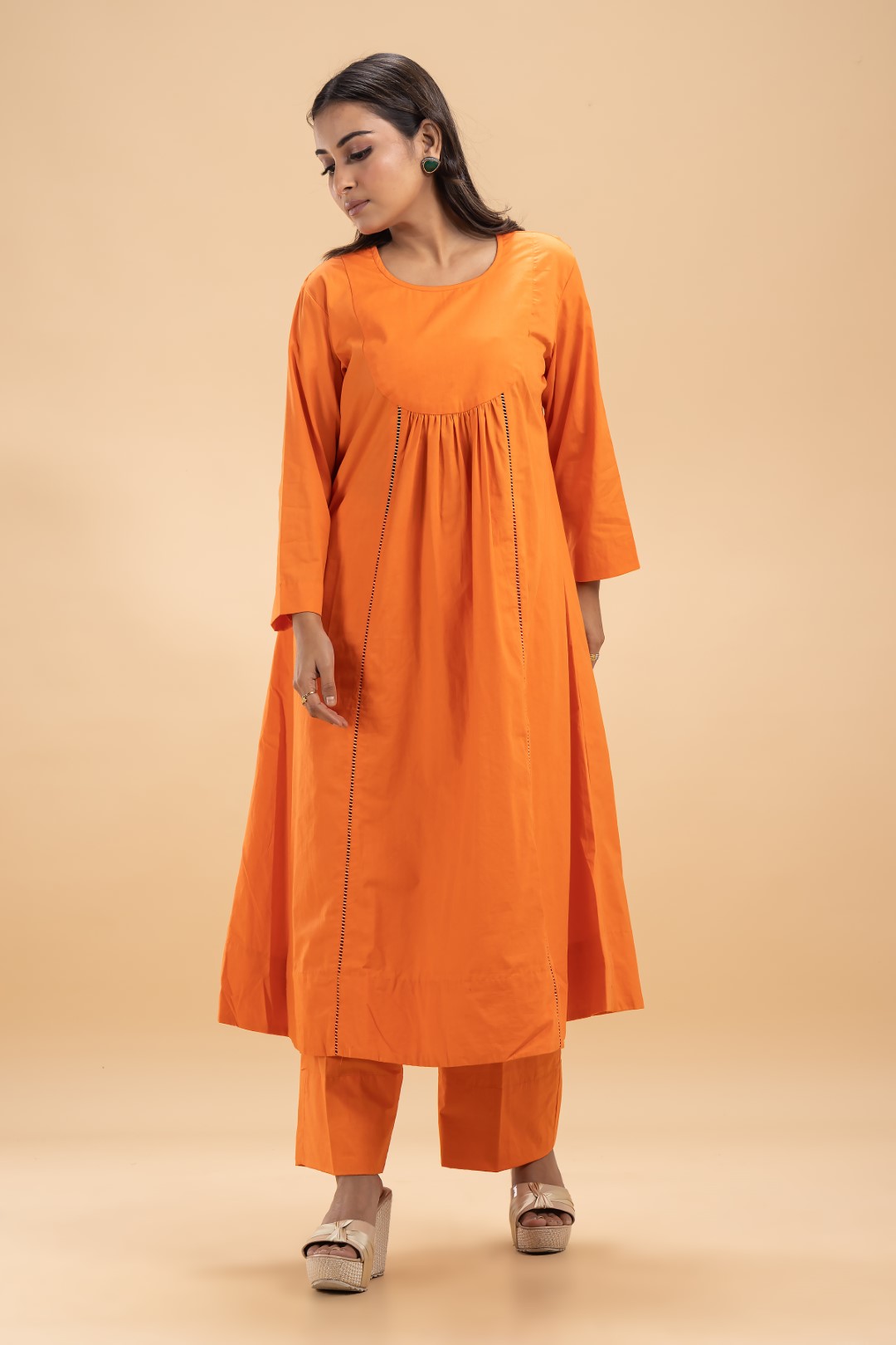 Chic Vibrant Orange Cotton Co-ord Set with Lace Detailing