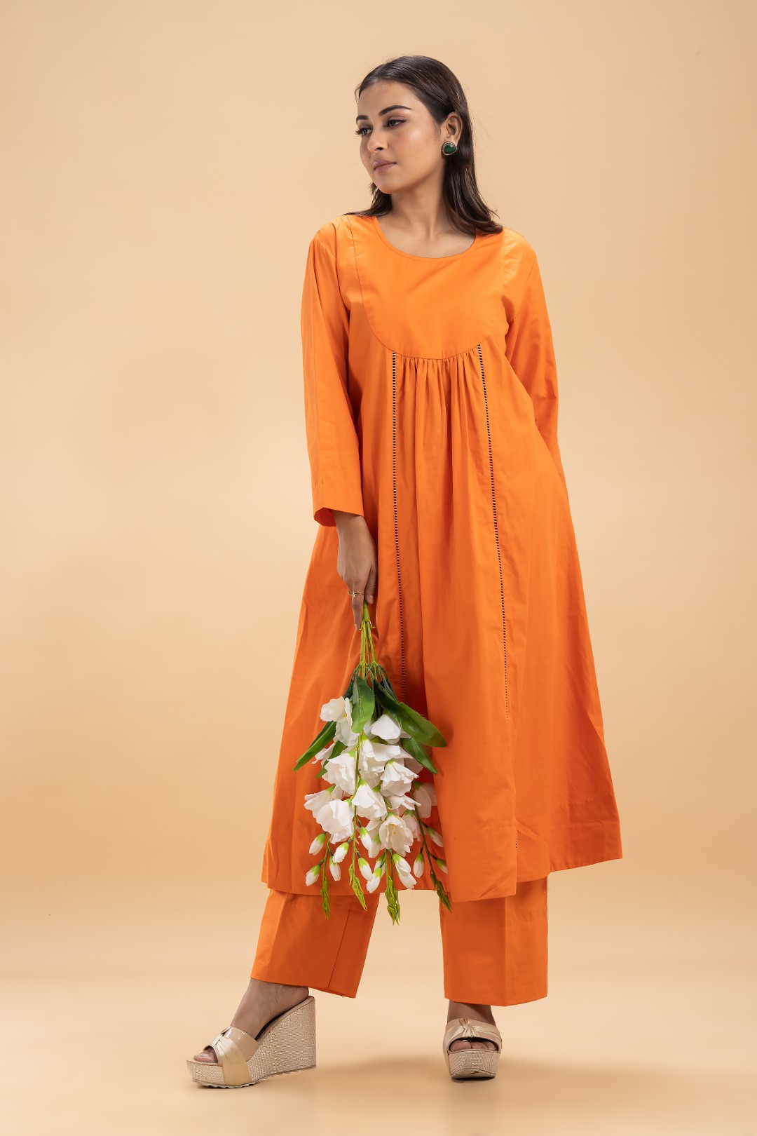 Chic Vibrant Orange Cotton Co-ord Set with Lace Detailing