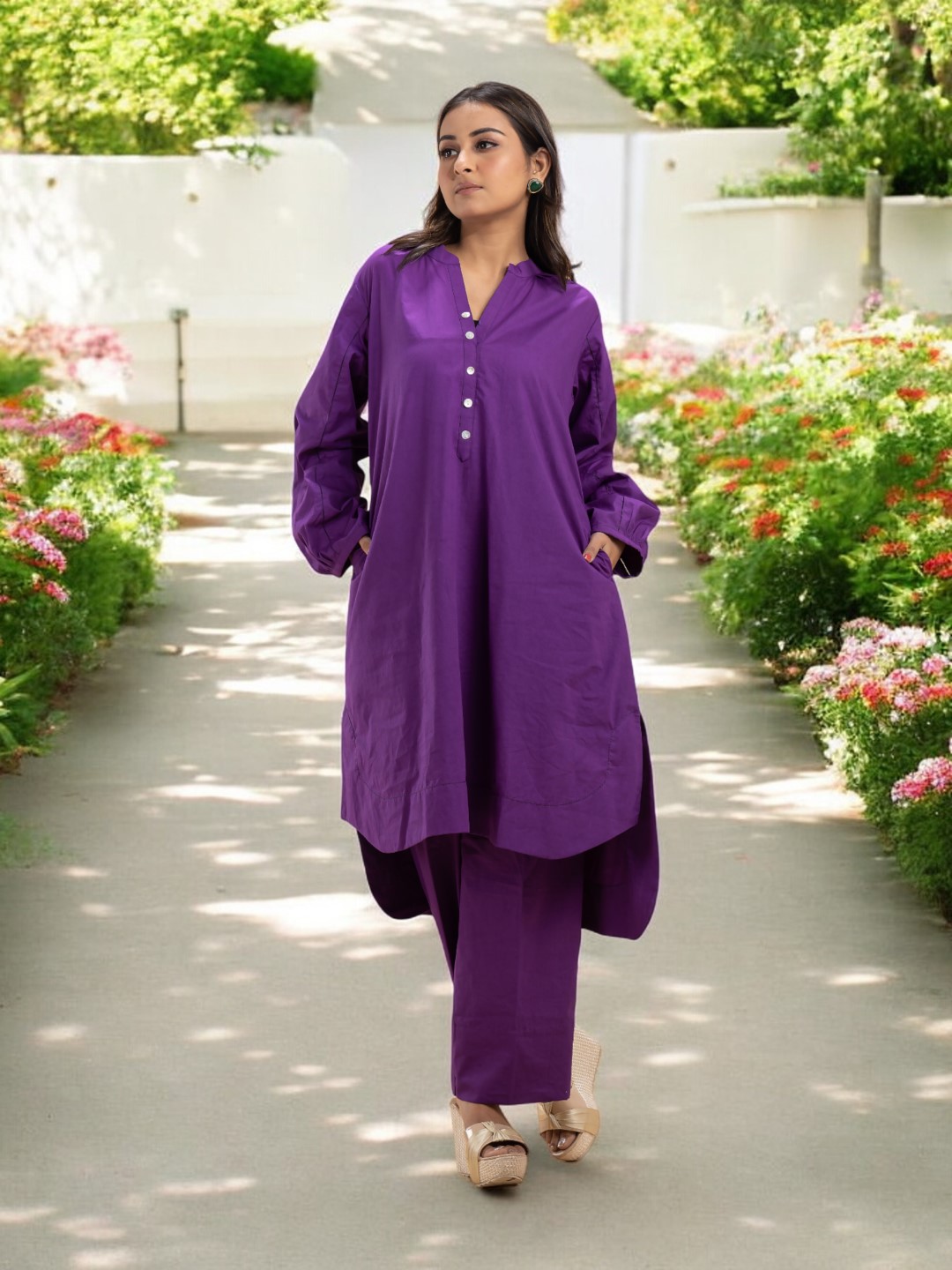 Chic Purple Organic Cotton Co-ord Set with Full Sleeves