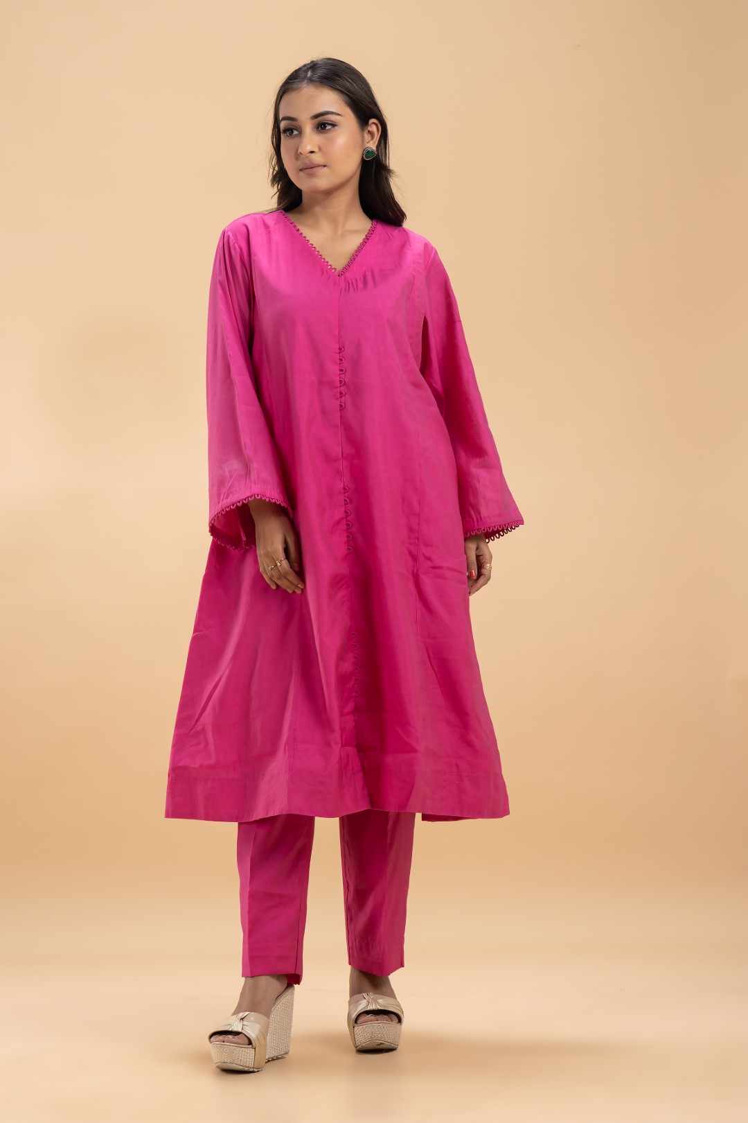 Hot Pink Chanderi Silk Co-ord Set with Detailed Neckline and Full Sleeves