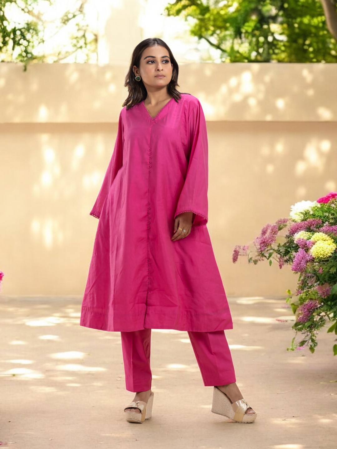 Hot Pink Chanderi Silk Co-ord Set with Detailed Neckline and Full Sleeves