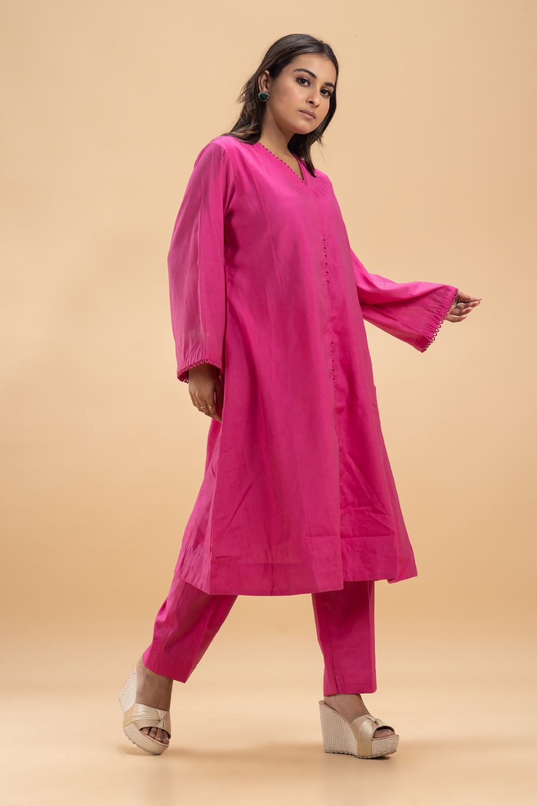 Hot Pink Chanderi Silk Co-ord Set with Detailed Neckline and Full Sleeves