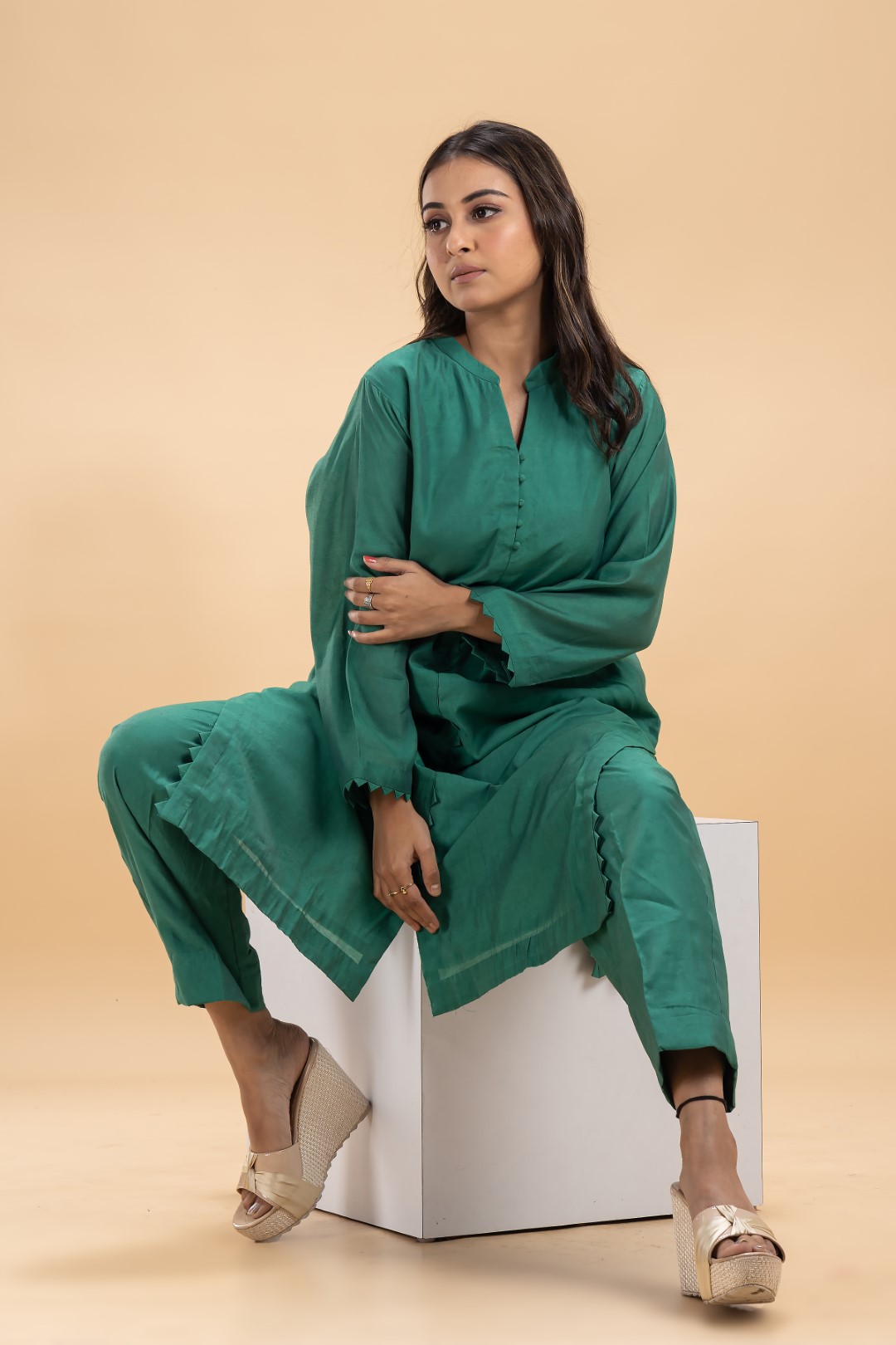 Elegant Green Chanderi Silk Co-ord Set with Detailed Neckline and Full Sleeves