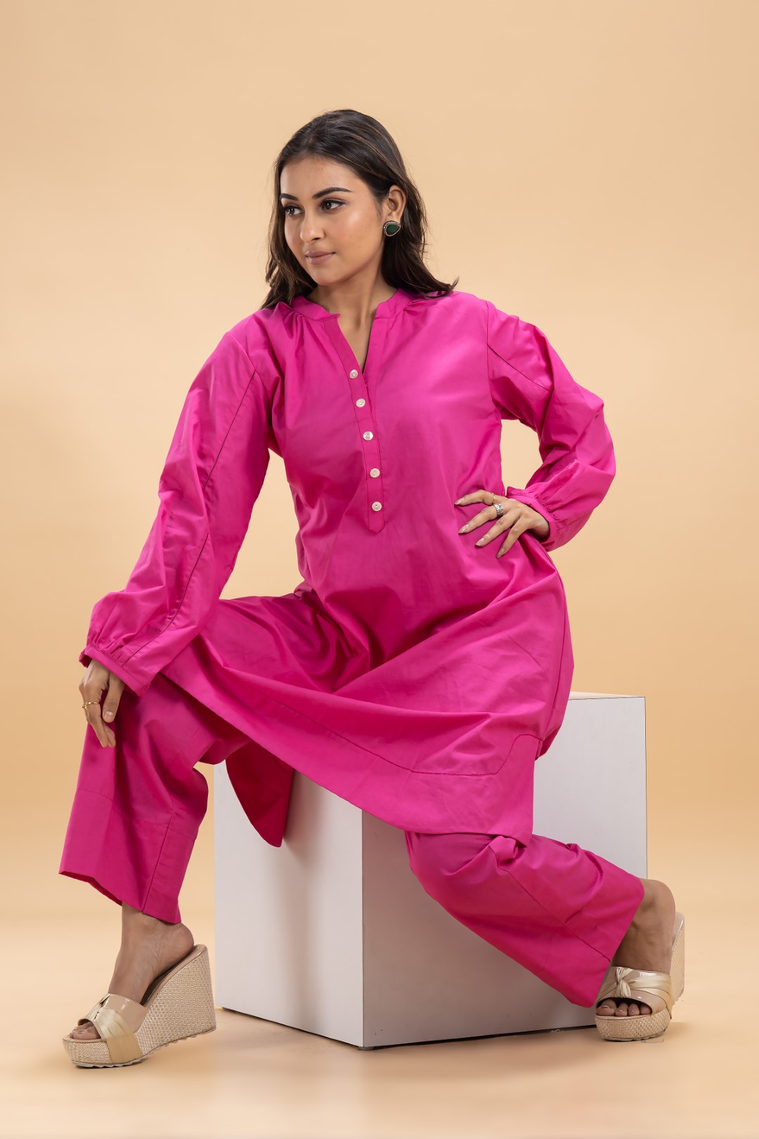 Vibrant Hot Pink Organic Cotton Co-ord Set with Full Sleeves