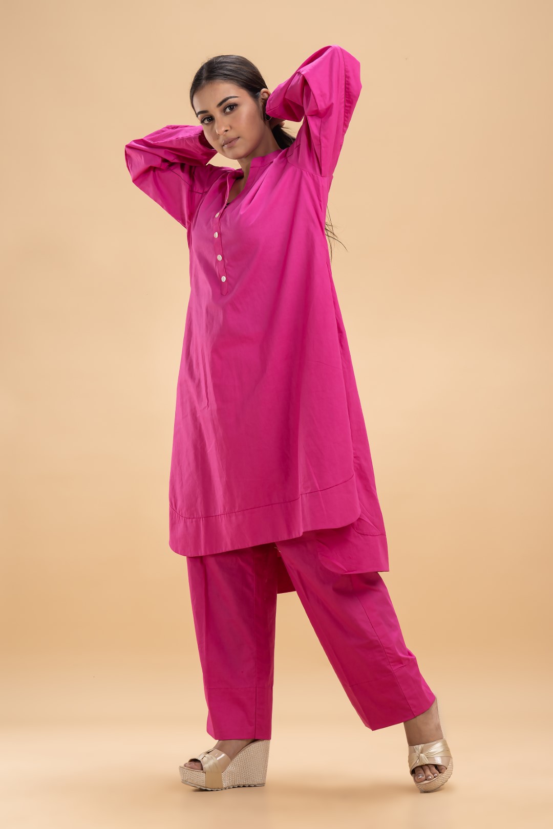 Vibrant Hot Pink Organic Cotton Co-ord Set with Full Sleeves