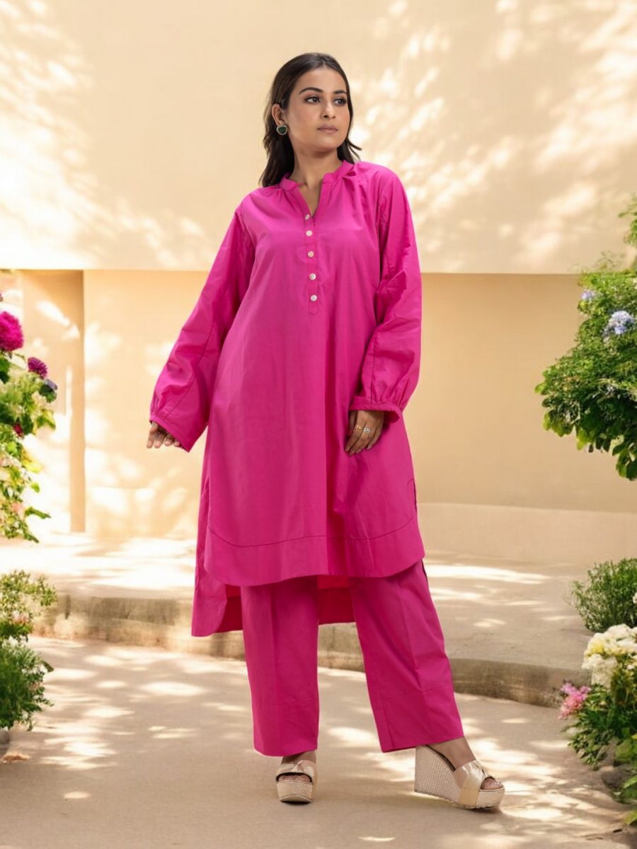 Vibrant Hot Pink Organic Cotton Co-ord Set with Full Sleeves