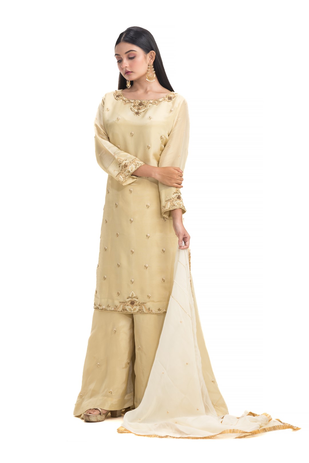 Beige Sharara Set with Jeweled Neckline and Gold Zardosi Embroidery