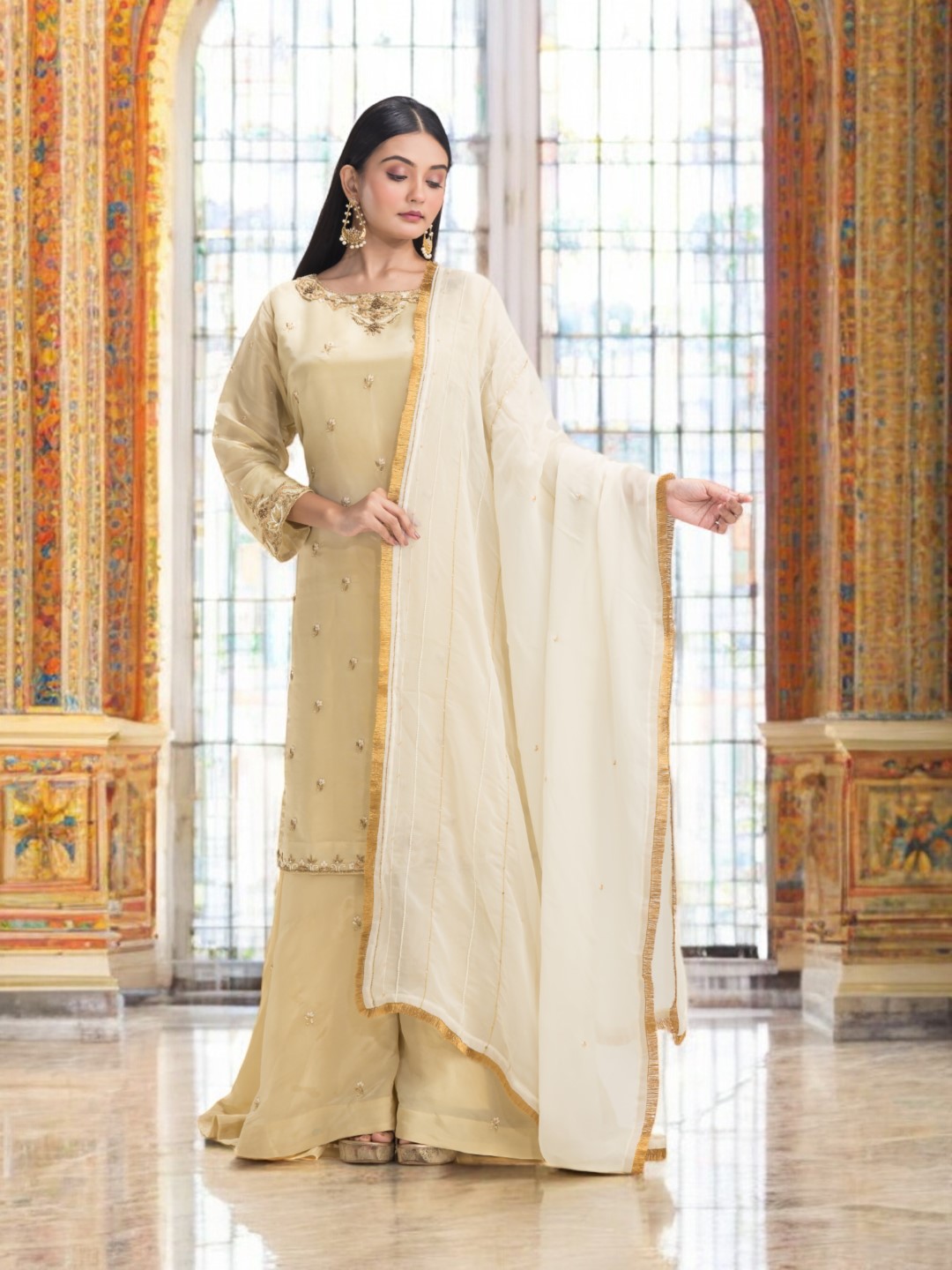 Beige Sharara Set with Jeweled Neckline and Gold Zardosi Embroidery