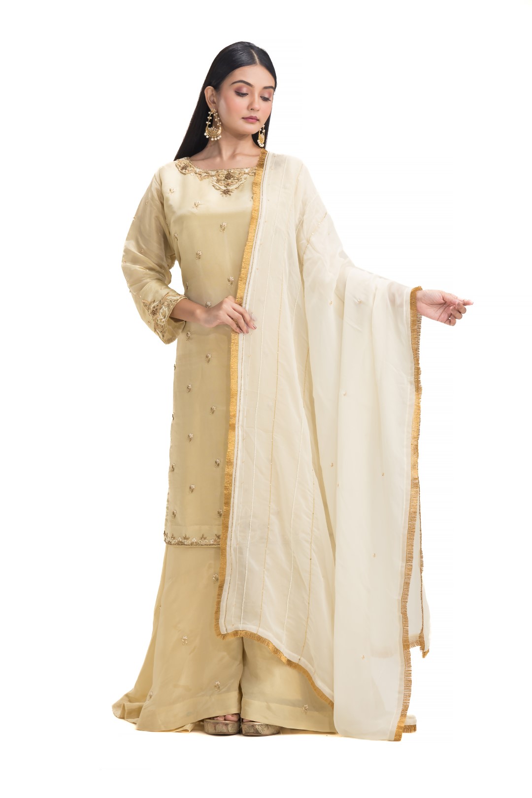 Beige Sharara Set with Jeweled Neckline and Gold Zardosi Embroidery