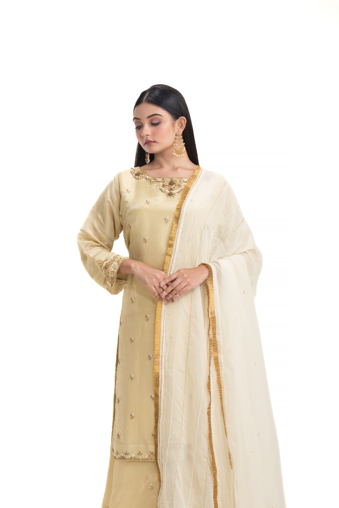 Beige Sharara Set with Jeweled Neckline and Gold Zardosi Embroidery