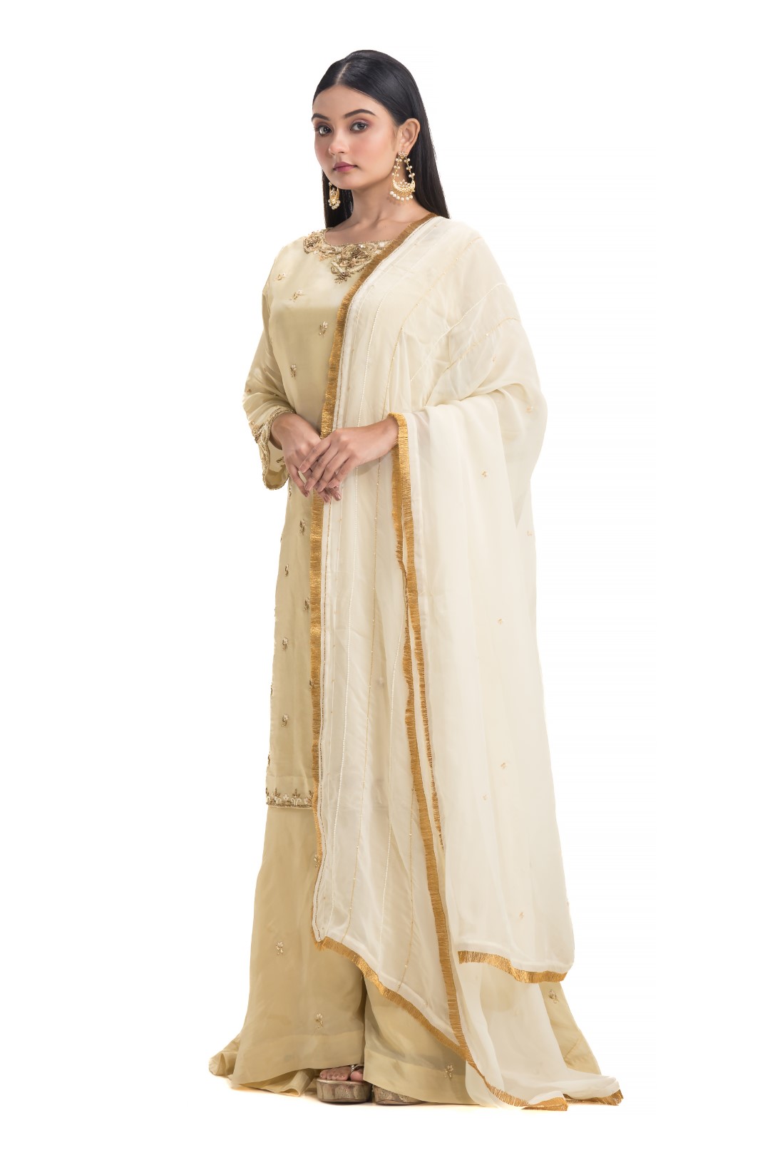 Beige Sharara Set with Jeweled Neckline and Gold Zardosi Embroidery