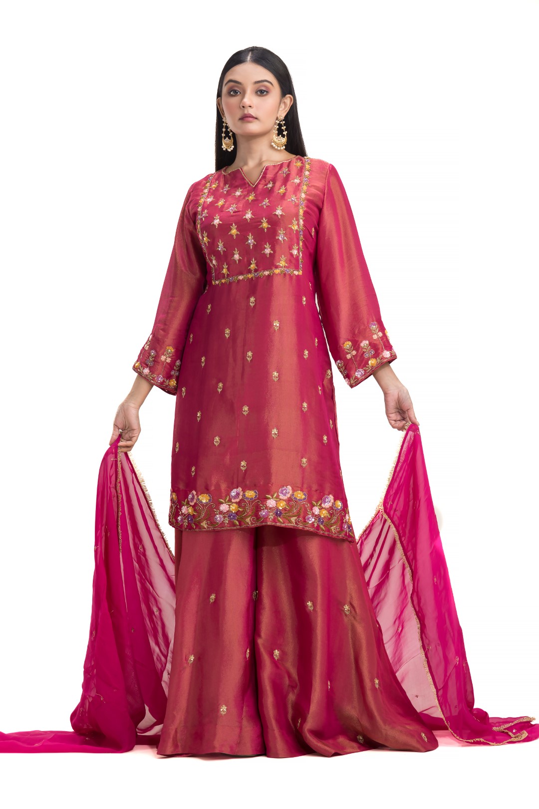 Hot Pink Sharara Set with Heavy Gold Zari Embroidery, Multicolor Sequins, and Matching Viscose Dupatta