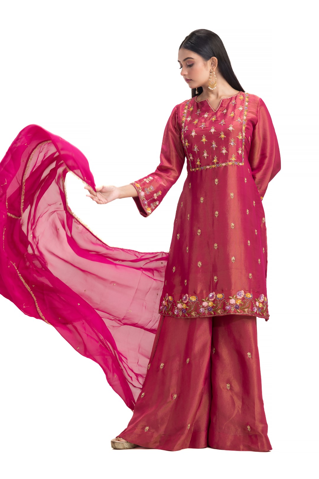 Hot Pink Sharara Set with Heavy Gold Zari Embroidery, Multicolor Sequins, and Matching Viscose Dupatta