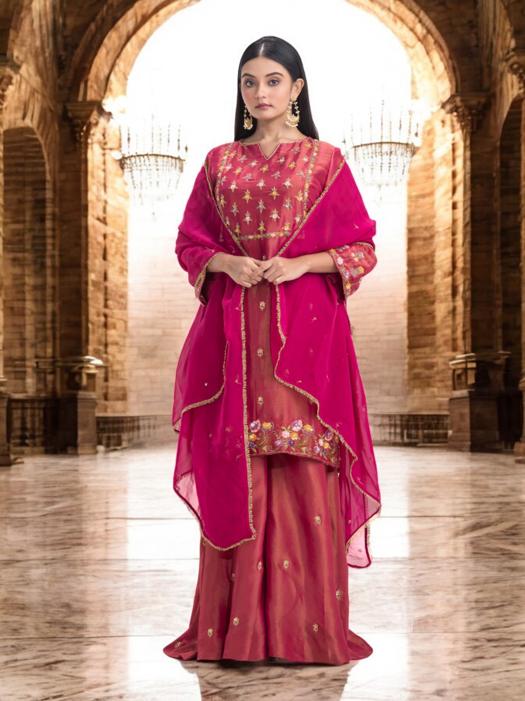 Hot Pink Sharara Set with Heavy Gold Zari Embroidery, Multicolor Sequins, and Matching Viscose Dupatta