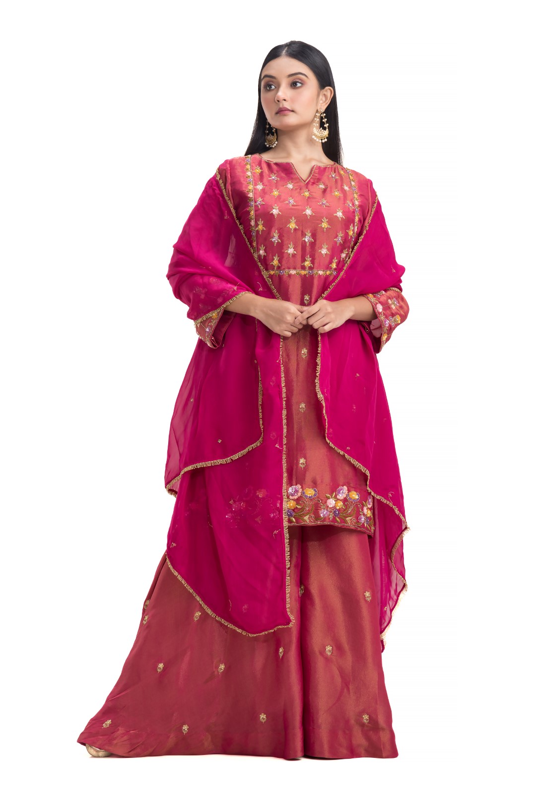 Hot Pink Sharara Set with Heavy Gold Zari Embroidery, Multicolor Sequins, and Matching Viscose Dupatta