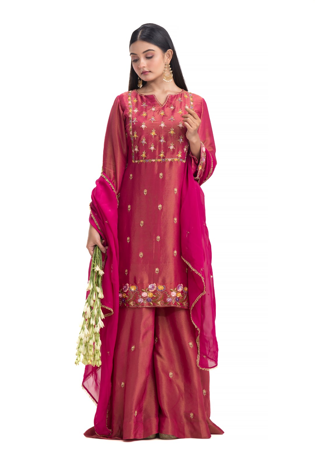 Hot Pink Sharara Set with Heavy Gold Zari Embroidery, Multicolor Sequins, and Matching Viscose Dupatta