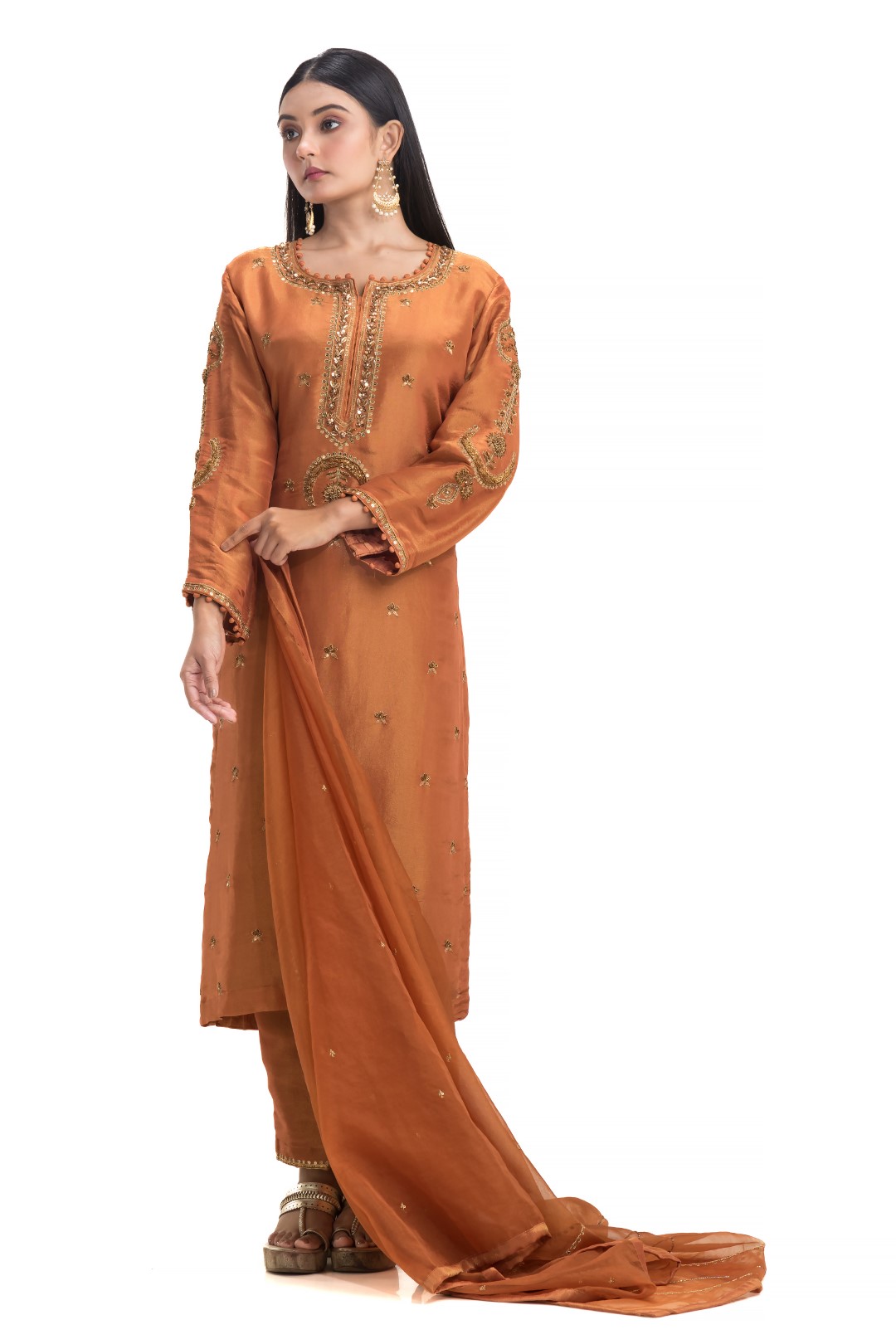 Burnt Orange Kurta Set with Copper Zardosi Embroidery and Sheer Organza Dupatta