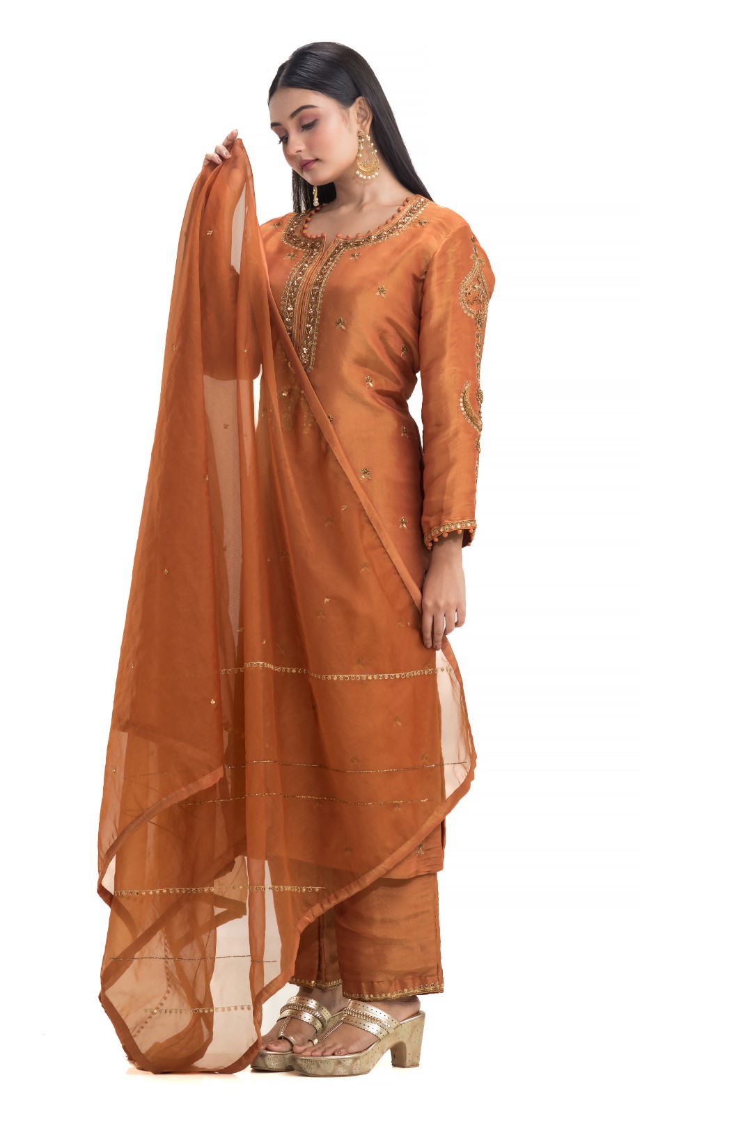 Burnt Orange Kurta Set with Copper Zardosi Embroidery and Sheer Organza Dupatta