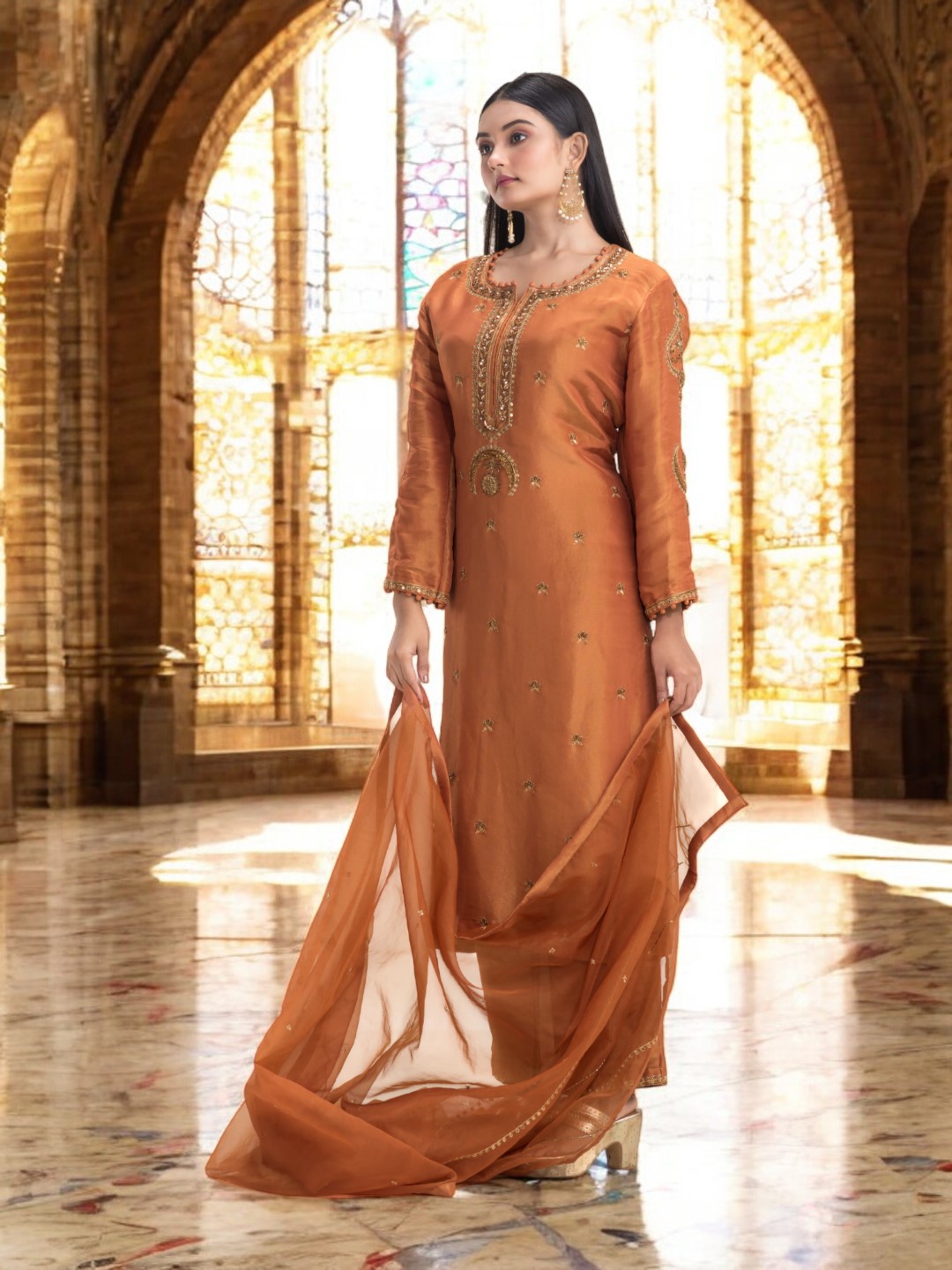 Burnt Orange Kurta Set with Copper Zardosi Embroidery and Sheer Organza Dupatta