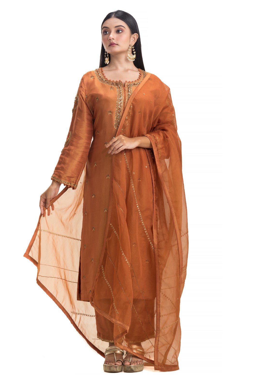 Burnt Orange Kurta Set with Copper Zardosi Embroidery and Sheer Organza Dupatta