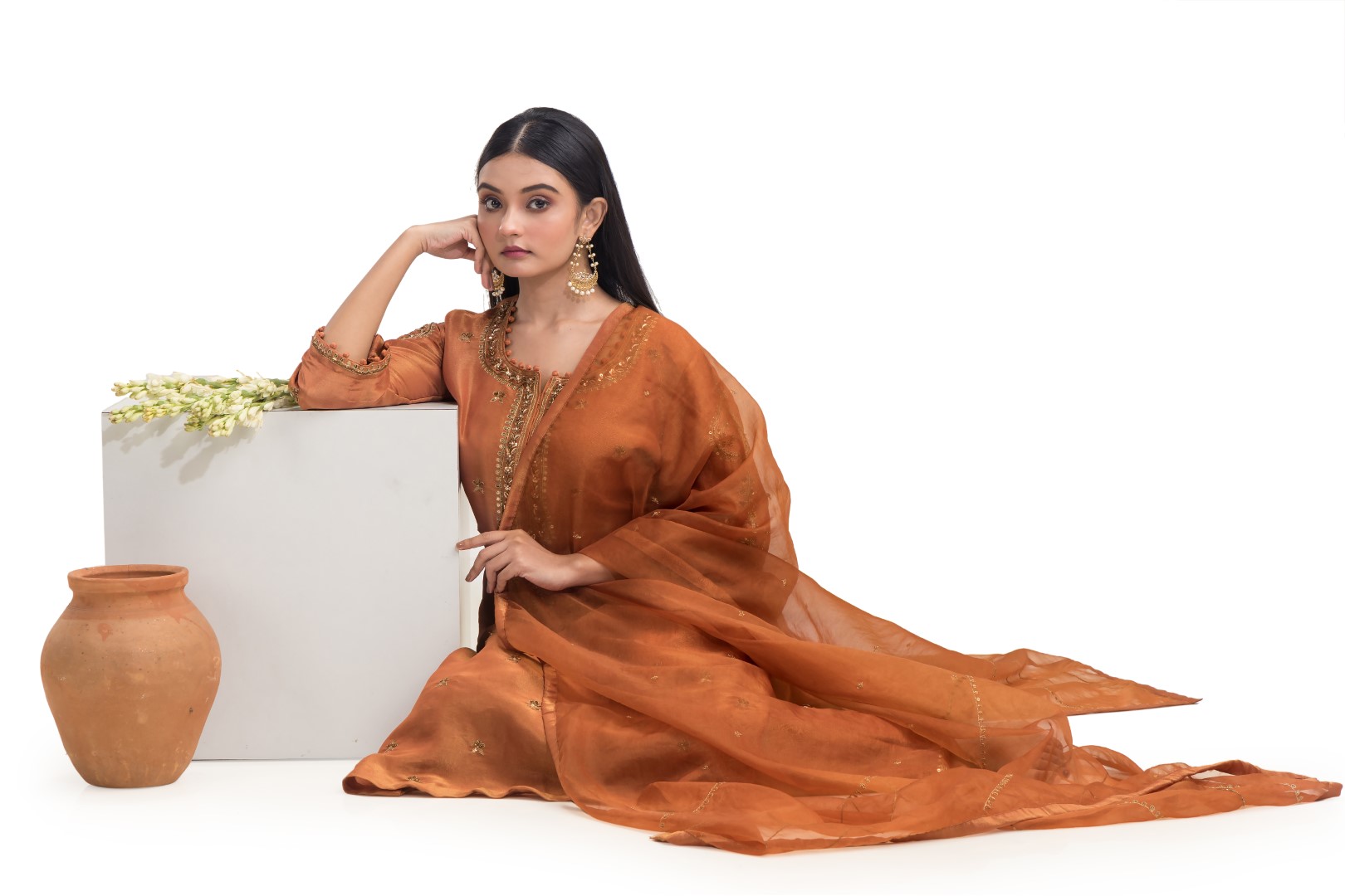 Burnt Orange Kurta Set with Copper Zardosi Embroidery and Sheer Organza Dupatta