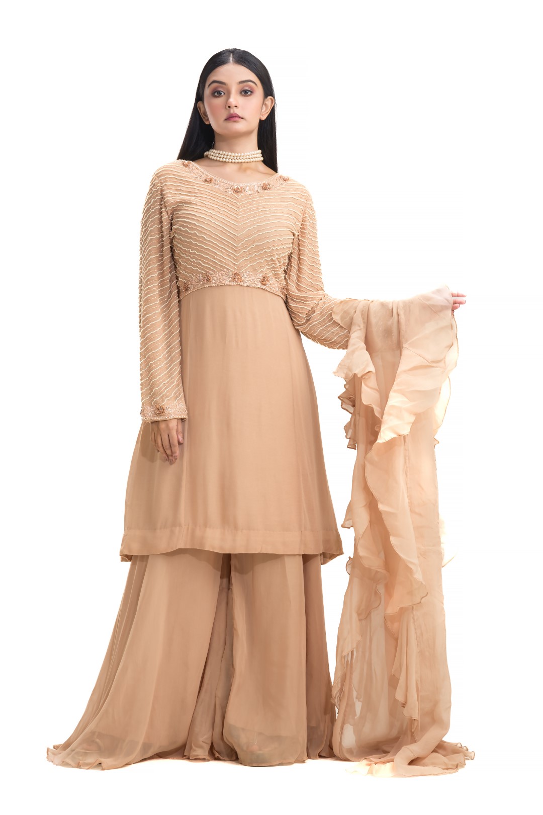 Beige-Brown Sharara Set with Pearls, Sequins, and Ruffled Dupatta