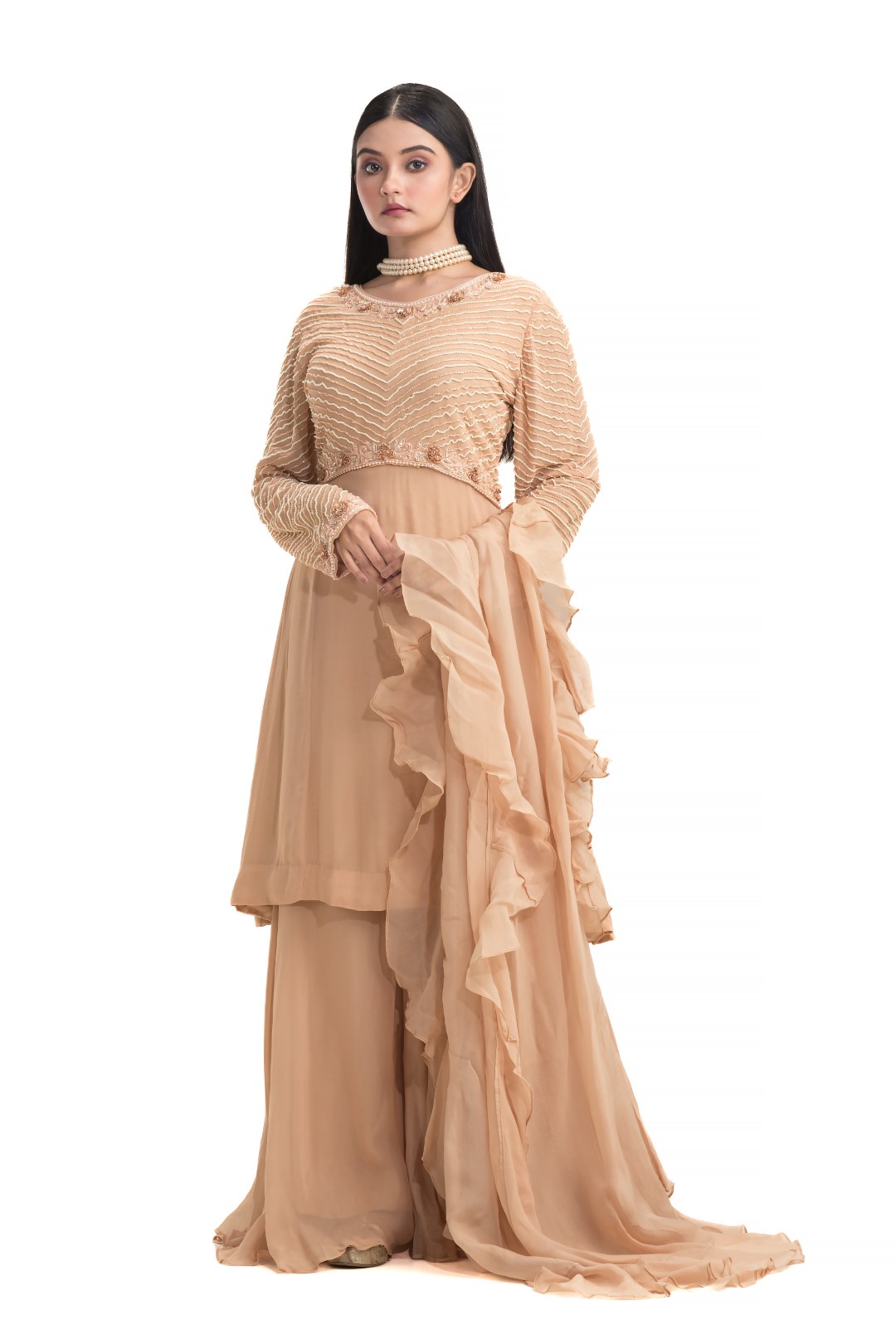 Beige-Brown Sharara Set with Pearls, Sequins, and Ruffled Dupatta