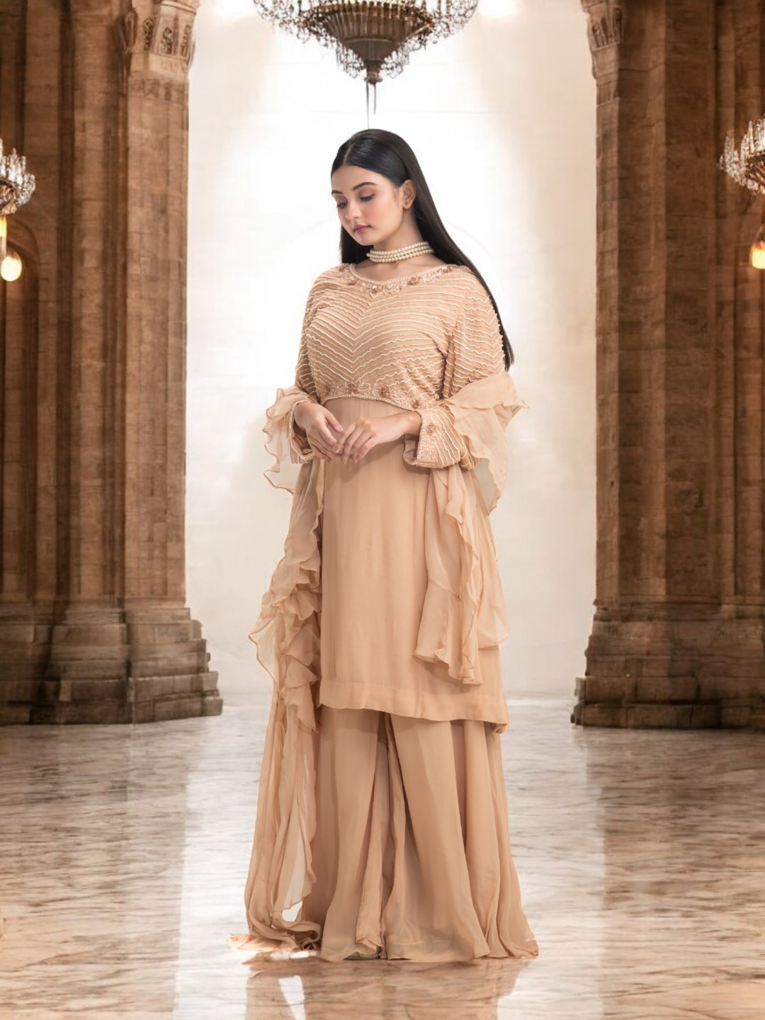 Beige-Brown Sharara Set with Pearls, Sequins, and Ruffled Dupatta