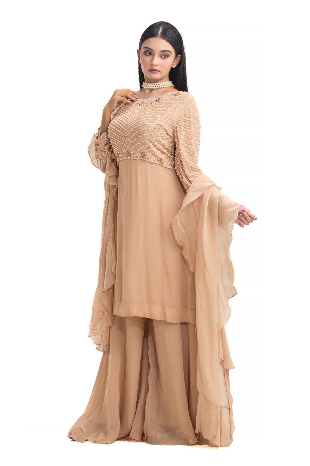 Beige-Brown Sharara Set with Pearls, Sequins, and Ruffled Dupatta